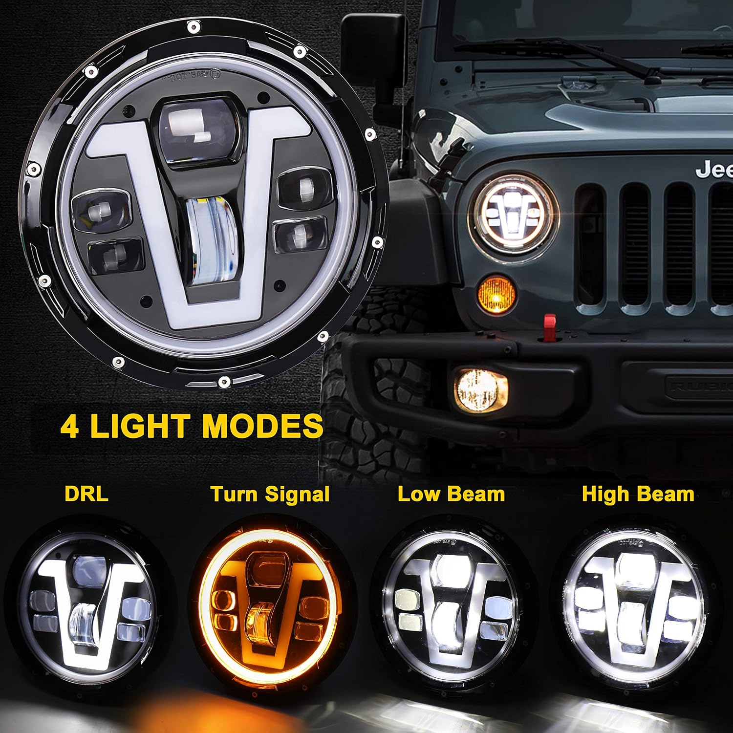 JK Headlights, OVOTOR 7 inch LED Headlights with V Type White DRL Amber Halo Turn Signal Compatible with Jeep Wrangler JK JKU TJ LJ CJ Hummer H1 H2