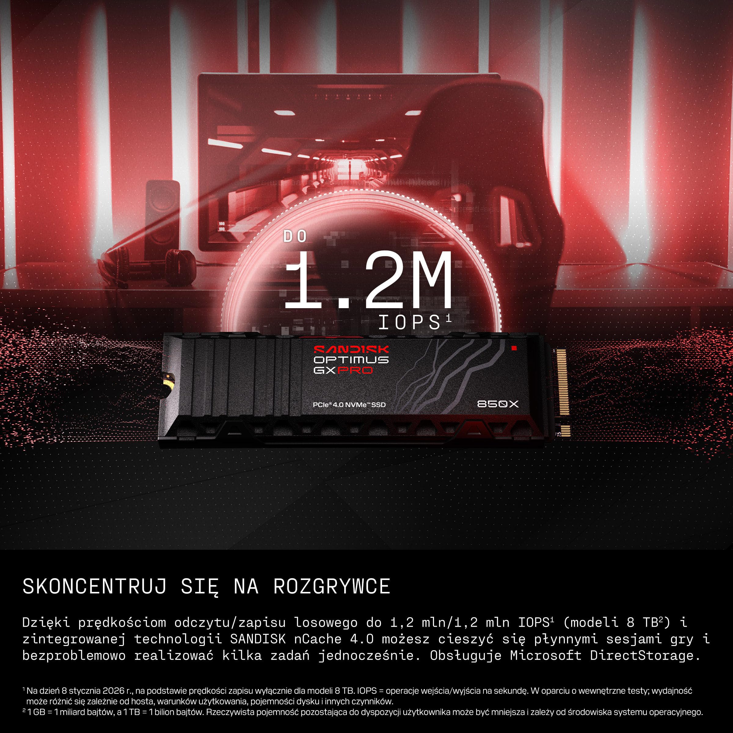 SANDISK Optimus GX PRO 850X NVMe SSD z radiatorem 2 TB (do 7300/6600 MB/s prędkościom odczytu/zapisu sekwencyjnego, M.2 2280, PCIe 4.0, do 1200 TBW)