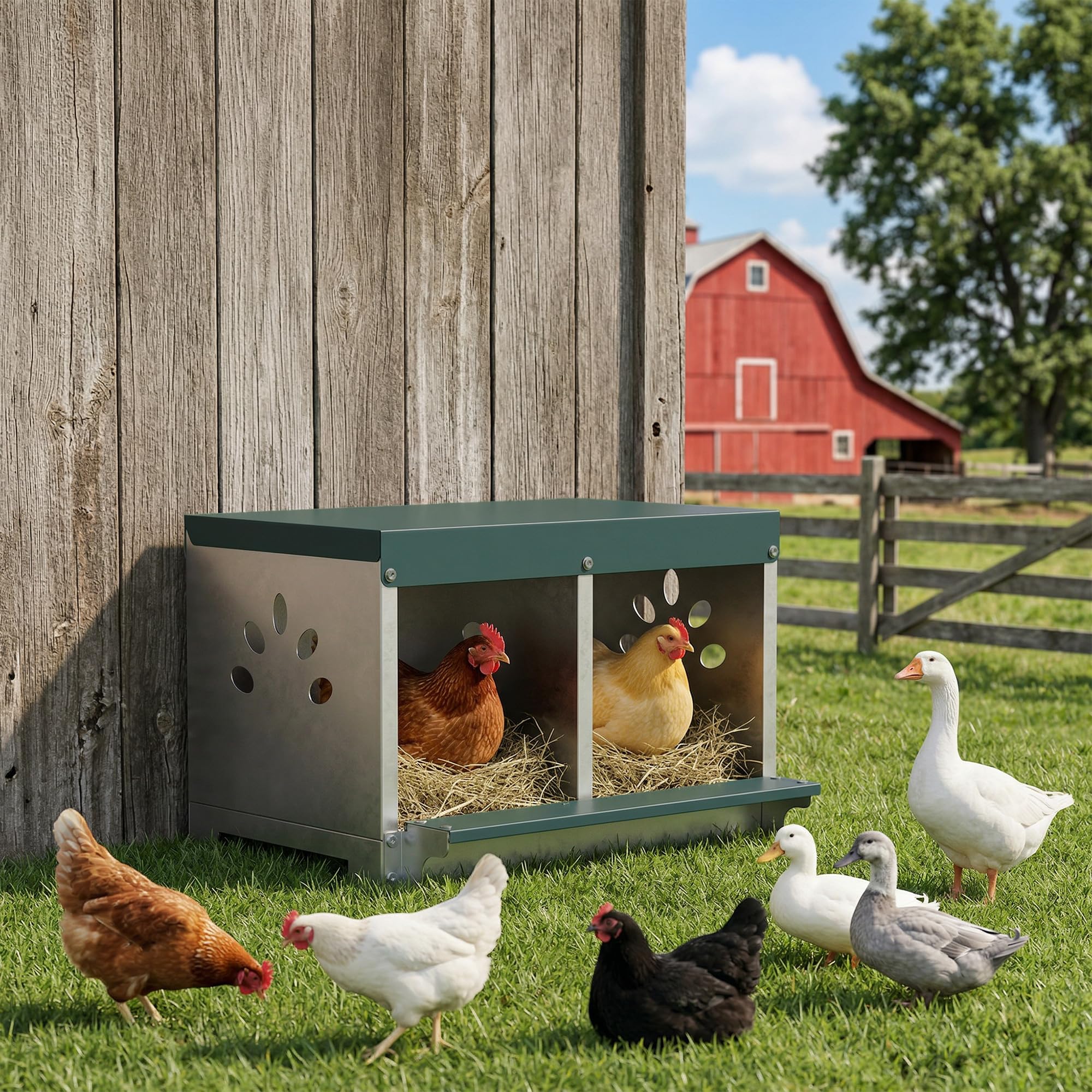 PawHut Nido per Galline Ovaiole in Acciaio a 2 Aree con Base Rialzata e Tetto, Nido Galline con Fori di Ventilazione, Facile da Pulire, 54.5x42.5x35.5 cm, Argento