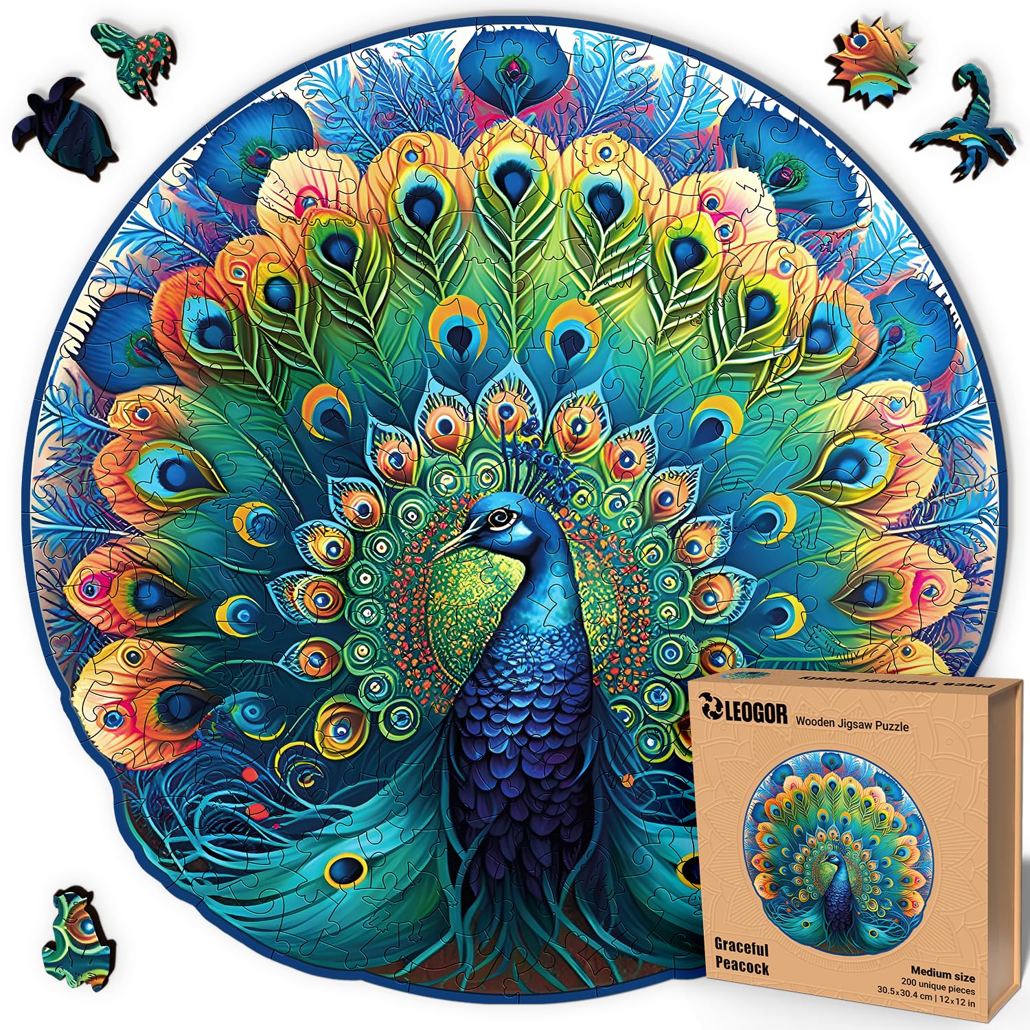 LEOGOR Wooden Jigsaw Puzzles for Adults, 200 Piece Puzzle (12 x 12 in), 5mm Thick Wood, Round Peacock Puzzle with Whimsical Shapes, Small Challenging