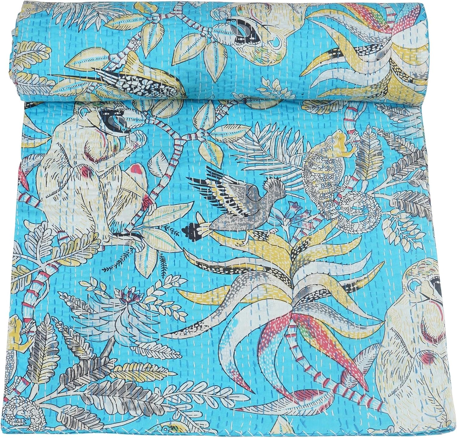Marubhumi Indian Handmade Traditional Monkey Print Kantha Quilt Indian Cotton Bedding Throw Blanket Bespread Hand Stitched with Love (Trequise, Queen (90"x 108"))