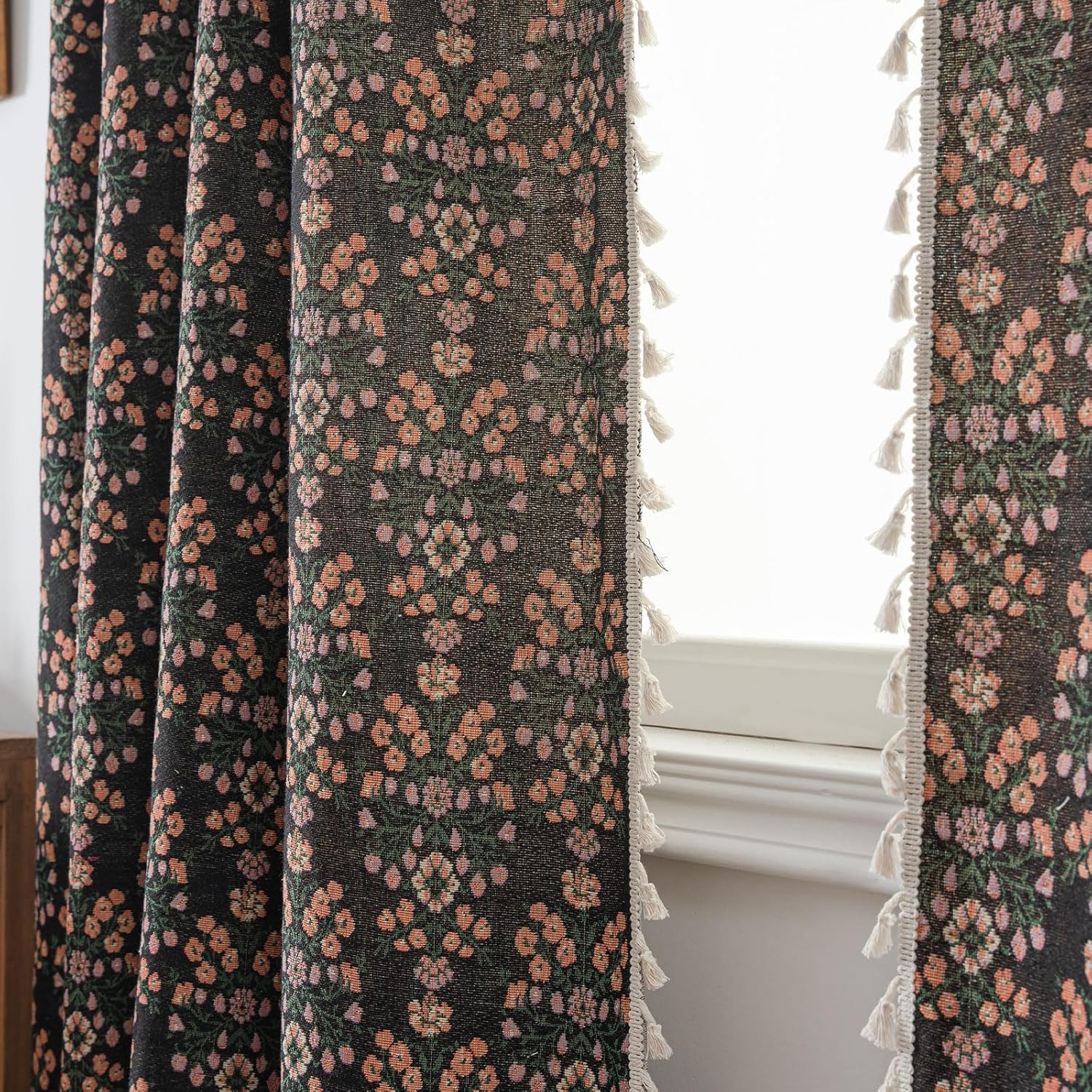 ENJOYBRIDAL Floral Curtains 84 Inch Length 2 Panels Boho Jacquard Drapes Black Cottagecore Living Room Semi Sheer Window Curtain Panels Farmhouse Bedroom Chic Decor Rod Pocket Tassel Window Treatments