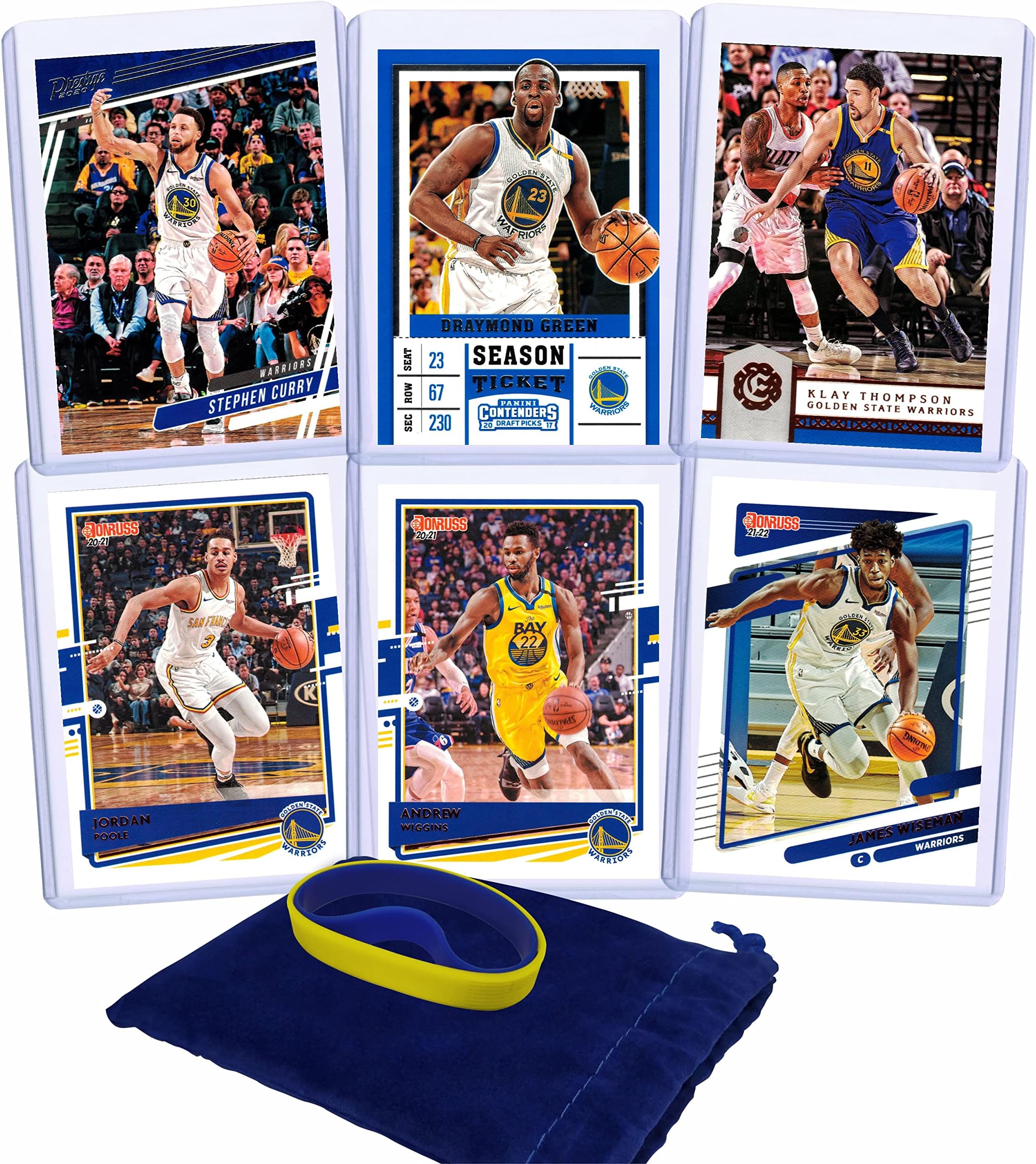 Golden State Warriors Card (6) Basketball Cards: Stephen Curry, Draymond Green, Klay Thompson, Jordan Poole, Andrew Wiggins, James Wiseman ASSORTED Trading Cards Bundle