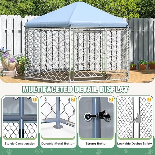 Miniatura 3 de Perrera grande para perros en el exterior, perrera con techo, jaula grande para perros con valla de acero con cerradura segura para jardínpatio (7 x