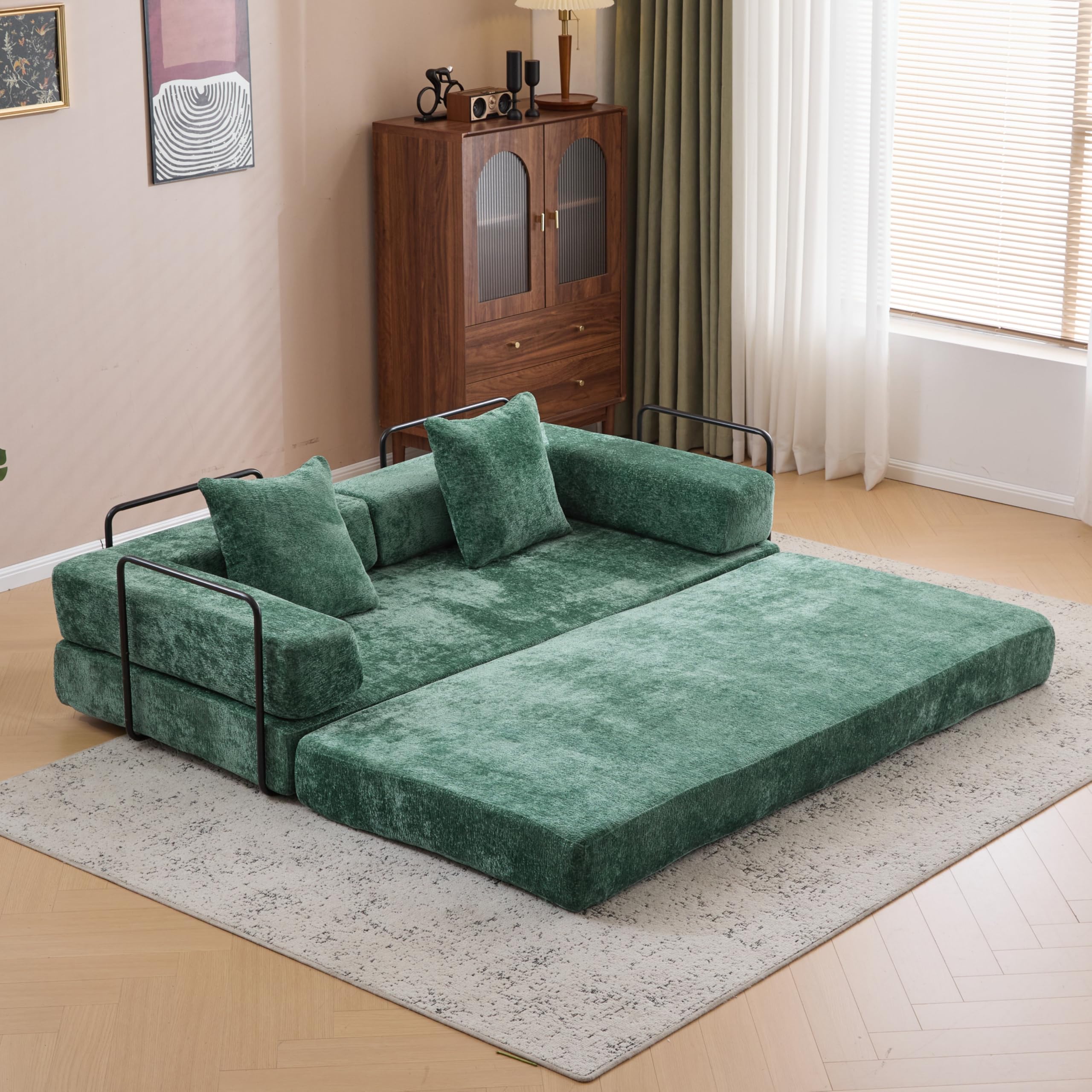 Convertible Folding Mattress Couch, Floor Sofa Bed with Fixed-Shape Frame, Flannel Floor Sofa with Armrest, Floor Sofa Lounge Couch for Living Room Bedroom Lounge Studio-Dark Green