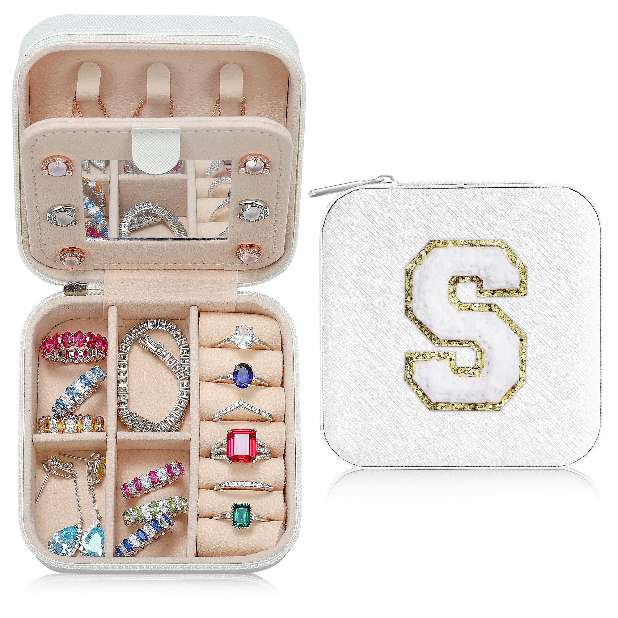 Tingn Women's S-White Bridesmaid Gifts For Wedding Day | Unique Proposal Gifts | Wedding Travel Essentials - Small Jewelry Box - Initial S