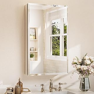 TETOTE 20 x 32 Medicine Cabinet Mirror with Tempered Beveled Mirror Silver Medicine Cabinet Aluminum Cabinet DTC Hinges, Stepless Adjustable Shelves, Recessed/Surface-Mounted
