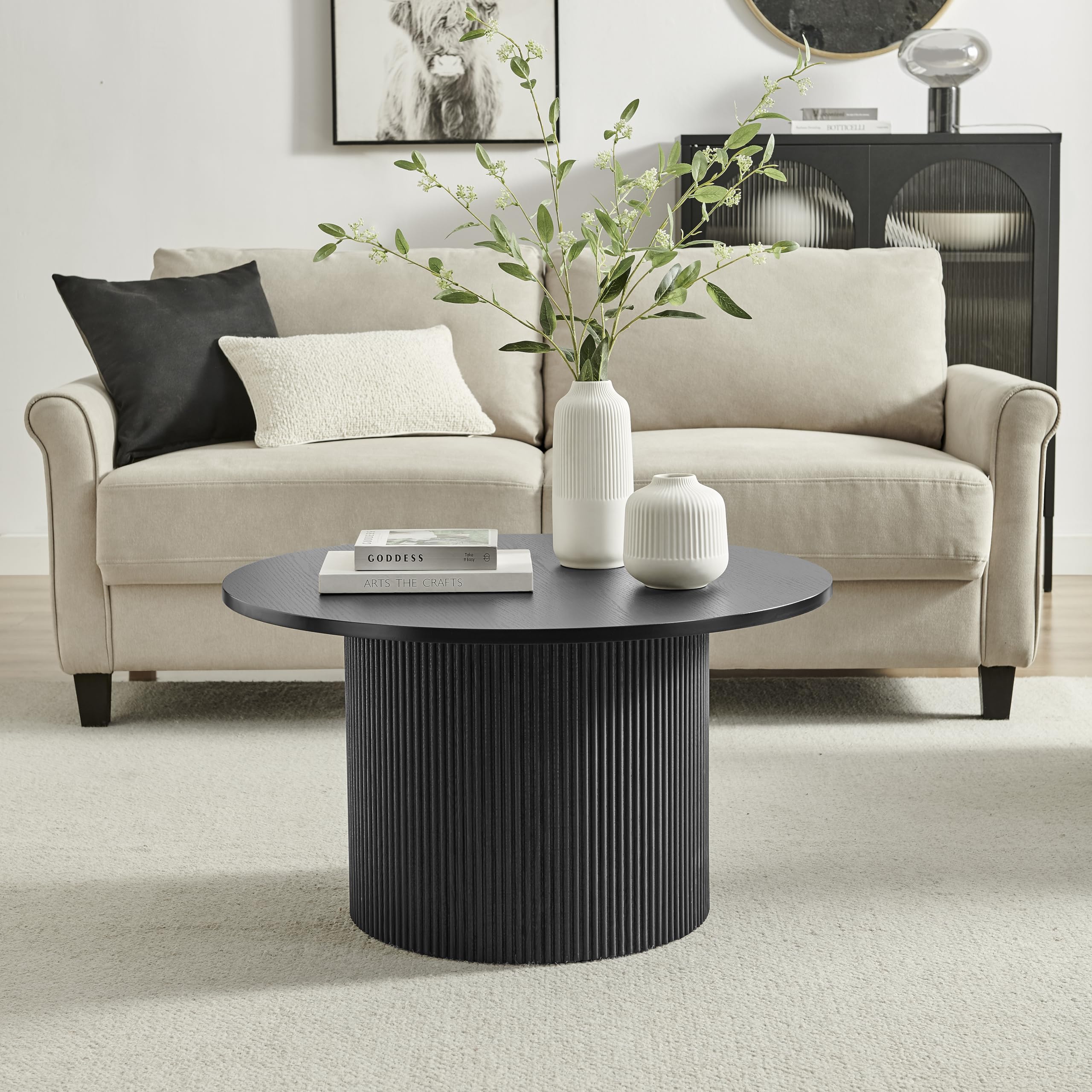 Furniturebox UK Coffee Table - 'Penrose' Black 80cm Round Wooden Pedestal Coffee Table - Melamine Veneer - Slatted Wood Pillar Leg - Modern Minimalist Scandi Japanese Style Living Room Furniture