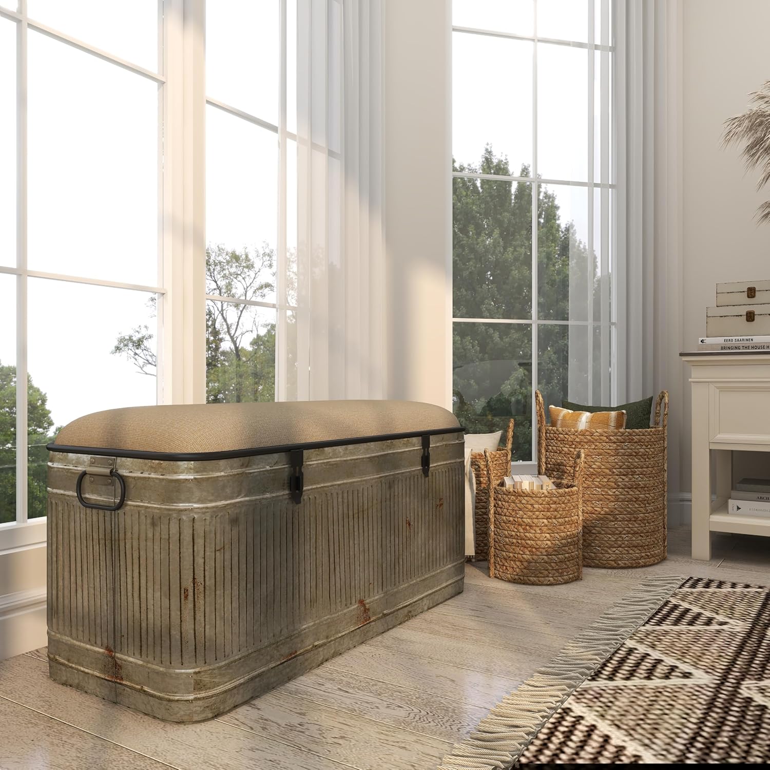 Deco 79 Metal Room Storage Bench Galvanized Entryway Bench with Cream Burlap Top and Black Latches, Bench 38" x 16" x 19", Gray