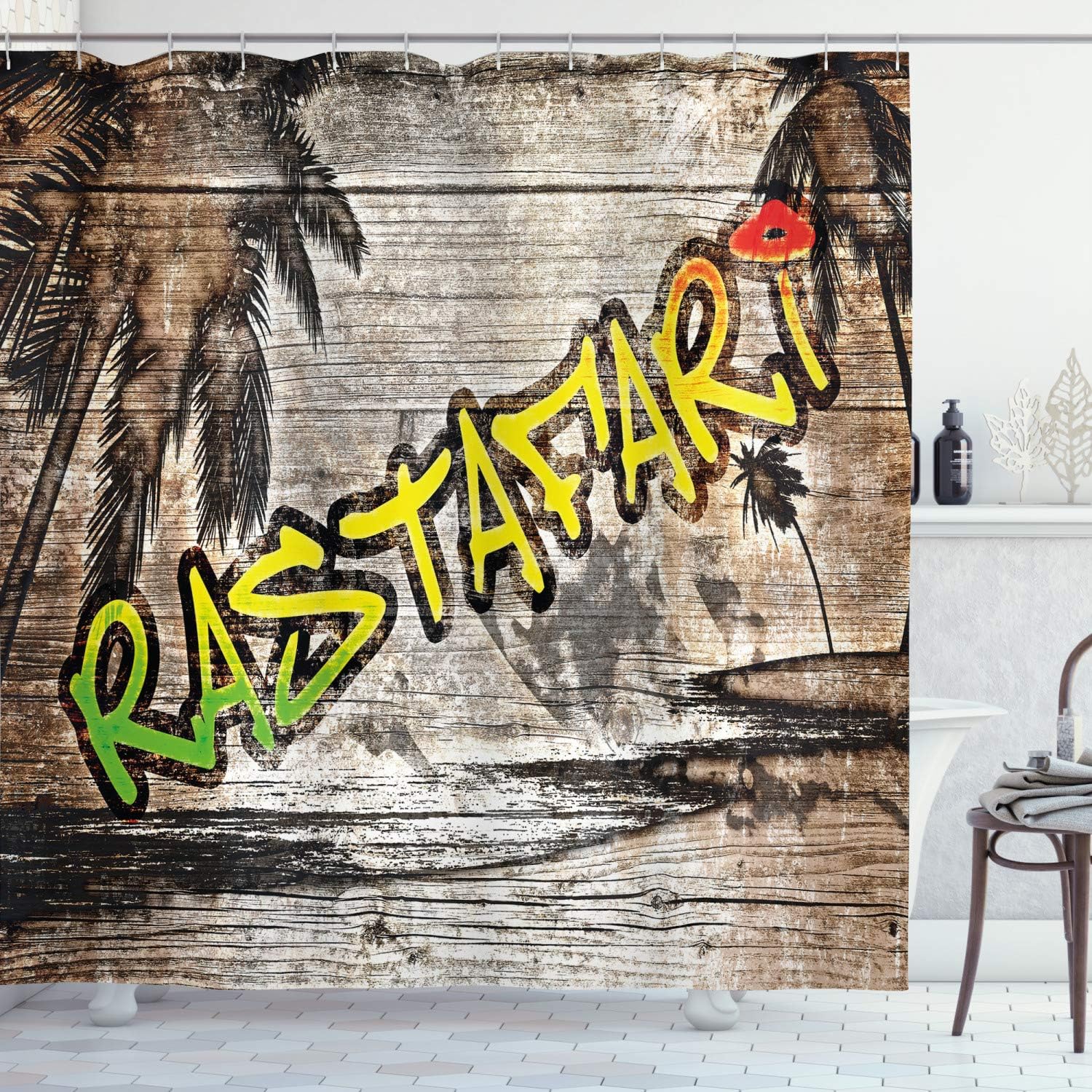 Ambesonne Rasta Shower Curtain, Jamaican Reggae Music Culture Inspired by The Rastafari Street with Graffiti an Image of an Artwork, Fabric Bathroom Decor Set with Hooks, 69" W x 70" L, Brown Green