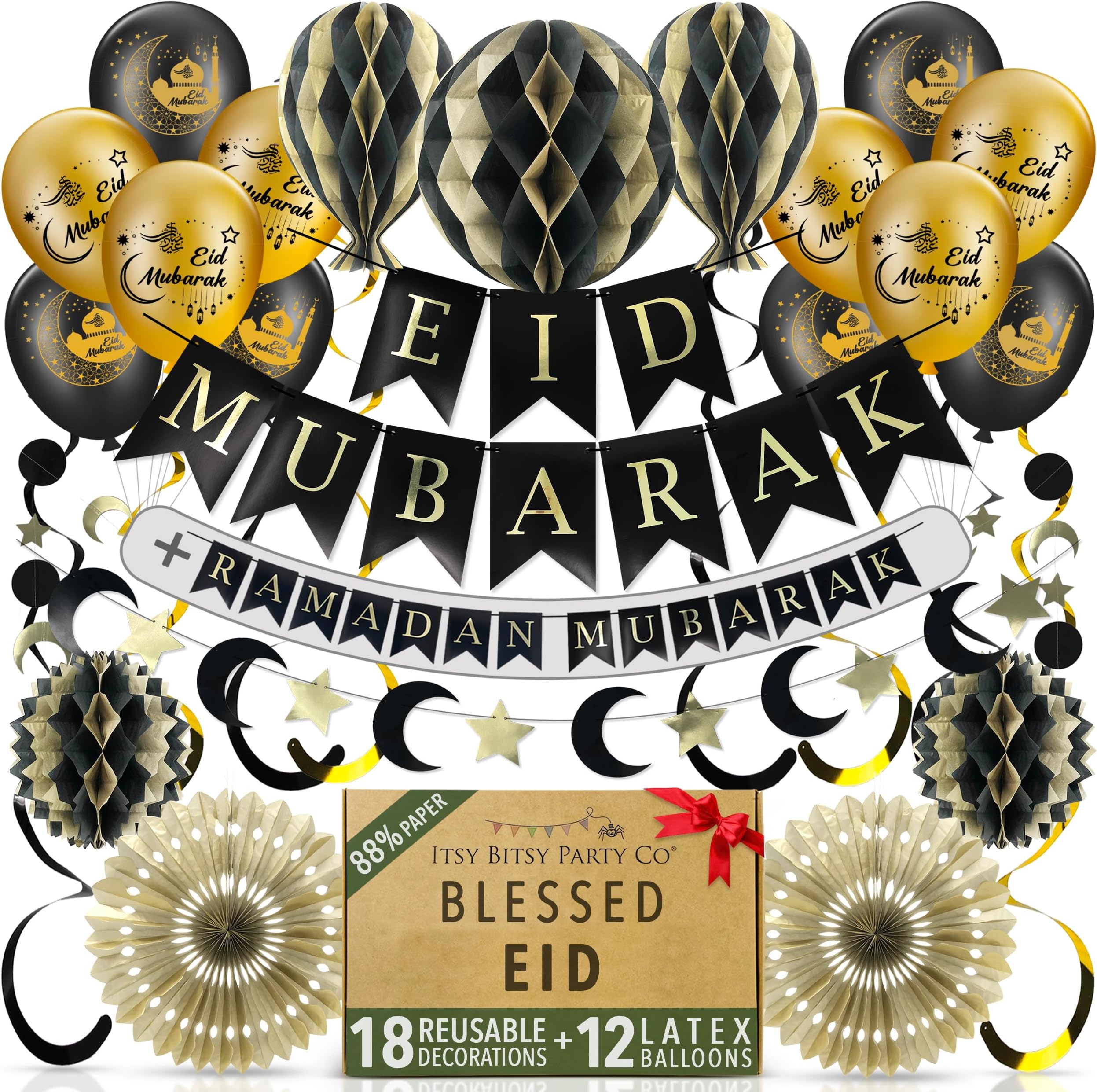 Premium Reusable Eid Decorations for Home - Ramadan Decorations with Balloons - 3-in-1 Banner spells Eid Mubarak, Ramadan Mubarak & Ramdan Kareem - Fast Assembly with Velcro (Black & Gold + Balloons)