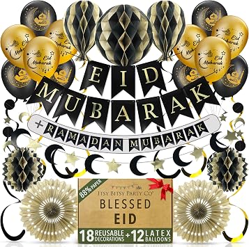 Premium Reusable Eid Decorations for Home - Ramadan Decorations with Balloons - 3-in-1 Banner spells Eid Mubarak, Ramadan Mubarak & Ramdan Kareem - Fast Assembly with Velcro Black & Gold + Balloons