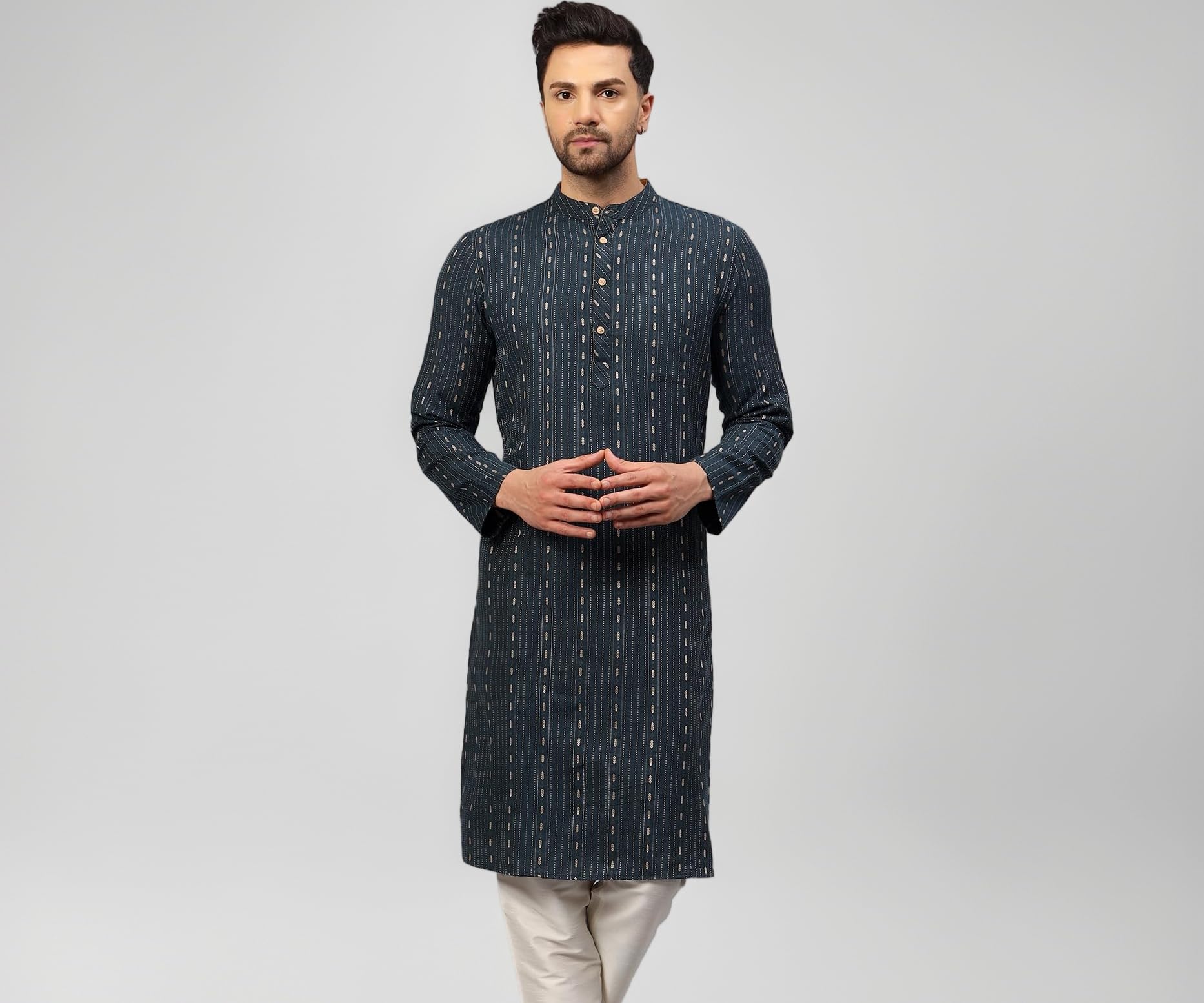 LATEST CHIKAN Men's Cotton Regular Striped Knee Lenght Kurta Full Sleeves