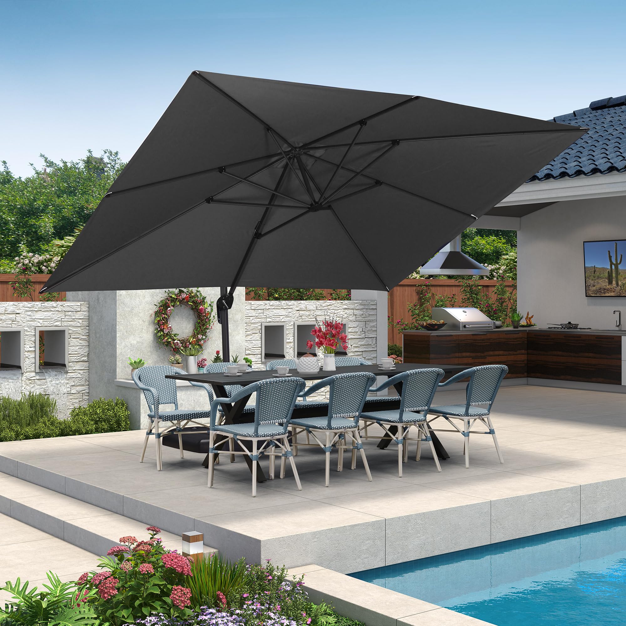 Sombrilla Terraza Exterior 3 × 4 m, Sombrilla Jardin Grande con Rotación de 360° y 5 Ajustes de Inclinación, 8 Varillas de Aluminio, Lona 240/GSM con Protección UV, Gris