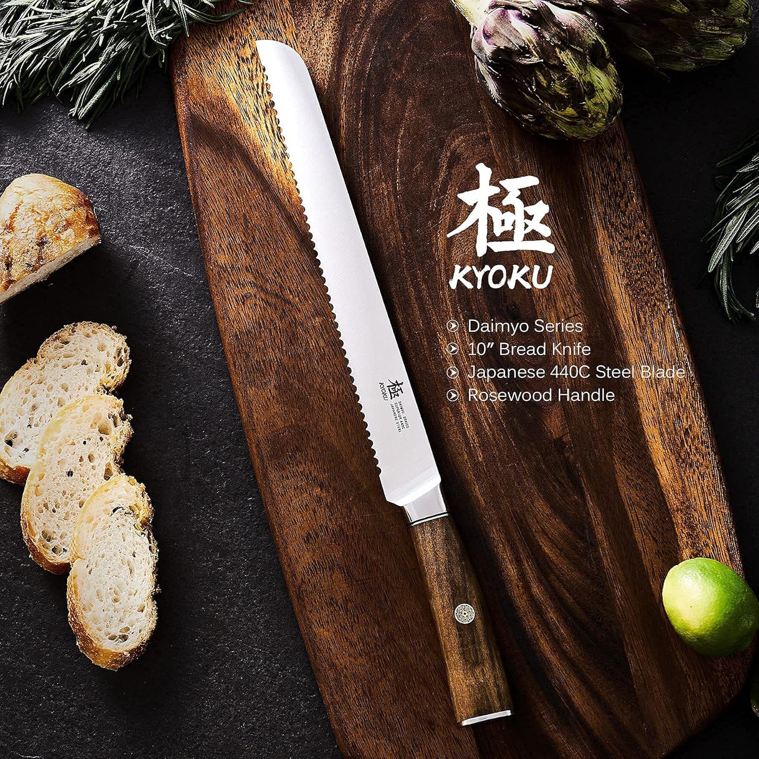 KYOKU Daimyo Series 7" Santoku Knife + 10'' Bread Knife - Japanese 440C Stainless Steel - Rosewood Handle