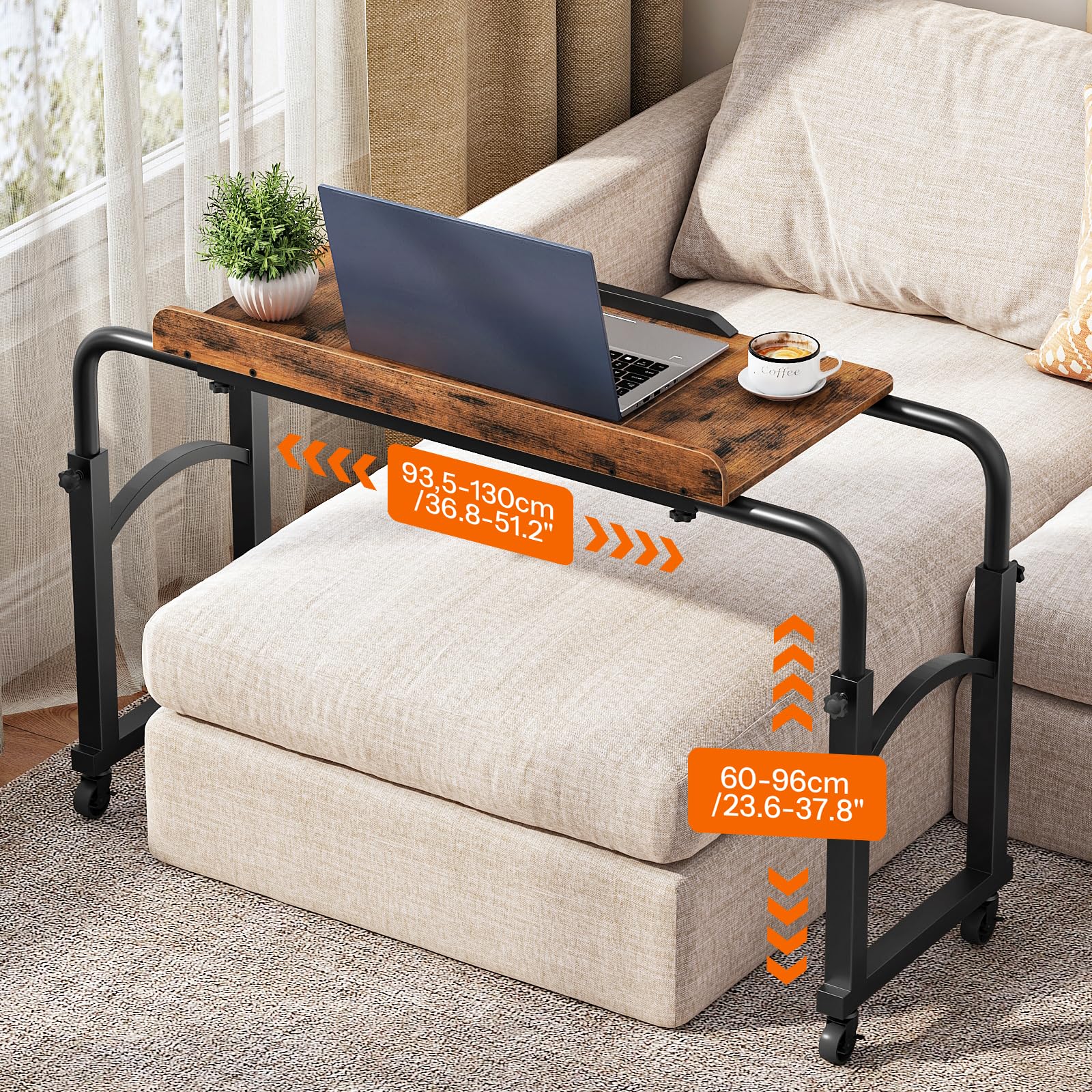 HOOBRO Mesa Auxiliar Móvil para Cama, con Longitud y Altura Ajustables, con Borde Frontal de Protección, para Sillón Individual, Cama Individual, Dormitorio y Oficina, Marrón Rústico y Negro EBF84DN01