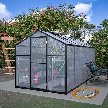 12x6 FT Hybrid Polycarbonate Greenhouse Walk-in Hot House Outdoor Hobby Greenhouse Kit Heavy Duty Aluminum for Backyard Garden with Hinged Door, Vent Window, Rain Gutter