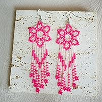 Handmade Bohemian Crochet Beaded Drop Earrings for Women - 2PCS Floral Multicolor Gradient Dangle, Vacation Everyday Wear