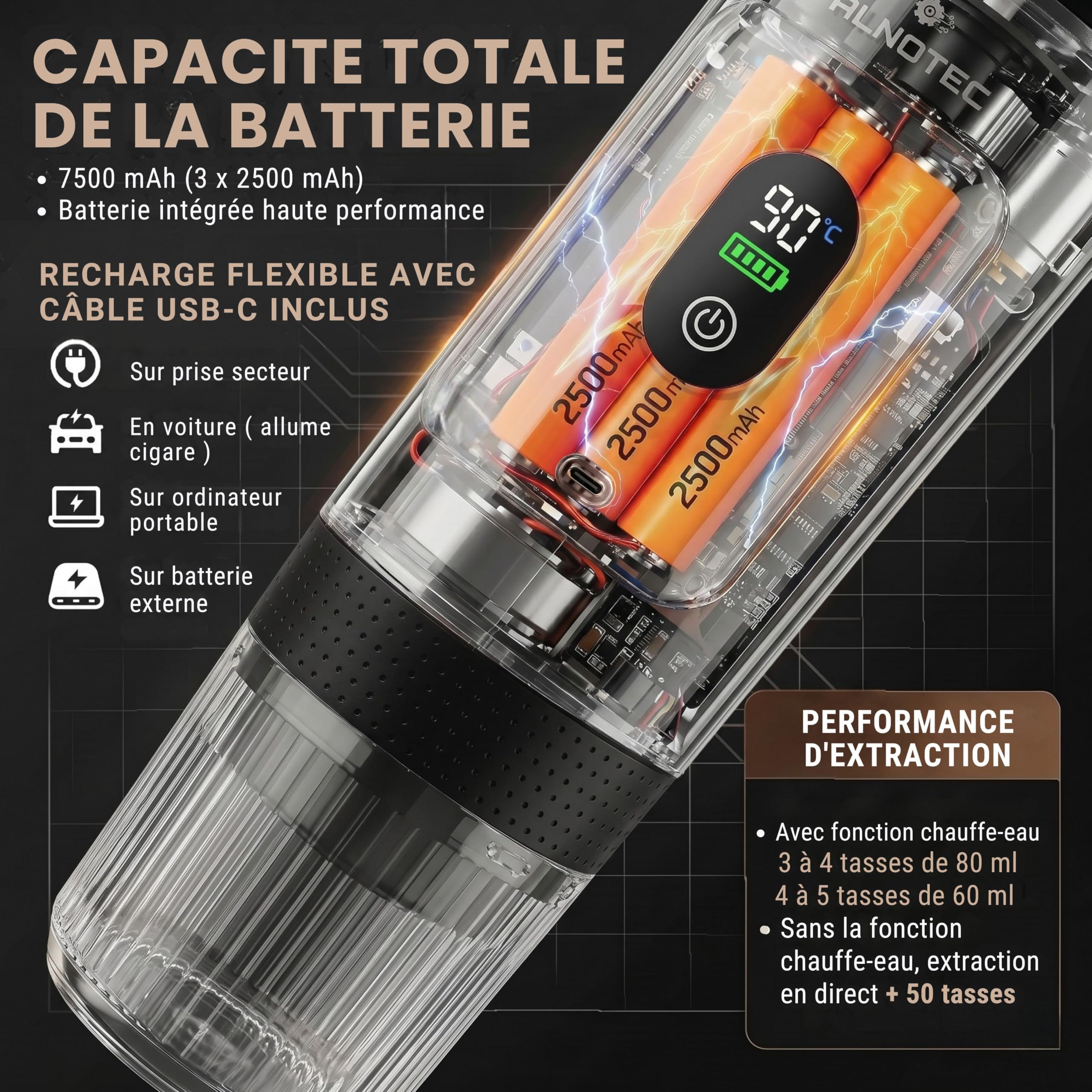 Cafetera portátil eléctrica de 20 bar, autoclavante, 3 en 1, compatible con cápsulas NES®, DG® y café molido, 2 adaptadores de café molido, 8 g/16 g, USB-C – Bolsa+soporte (gris con tapón