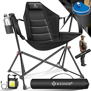 KESSER® Silla de Camping hasta 160 kg, Silla de Pesca, con Reposabrazos, Luz de Camping+Portabebidas+Bolsa, con Respaldo Alto, con Función Balancín, Acolchada, Plegable, Negro/Negro