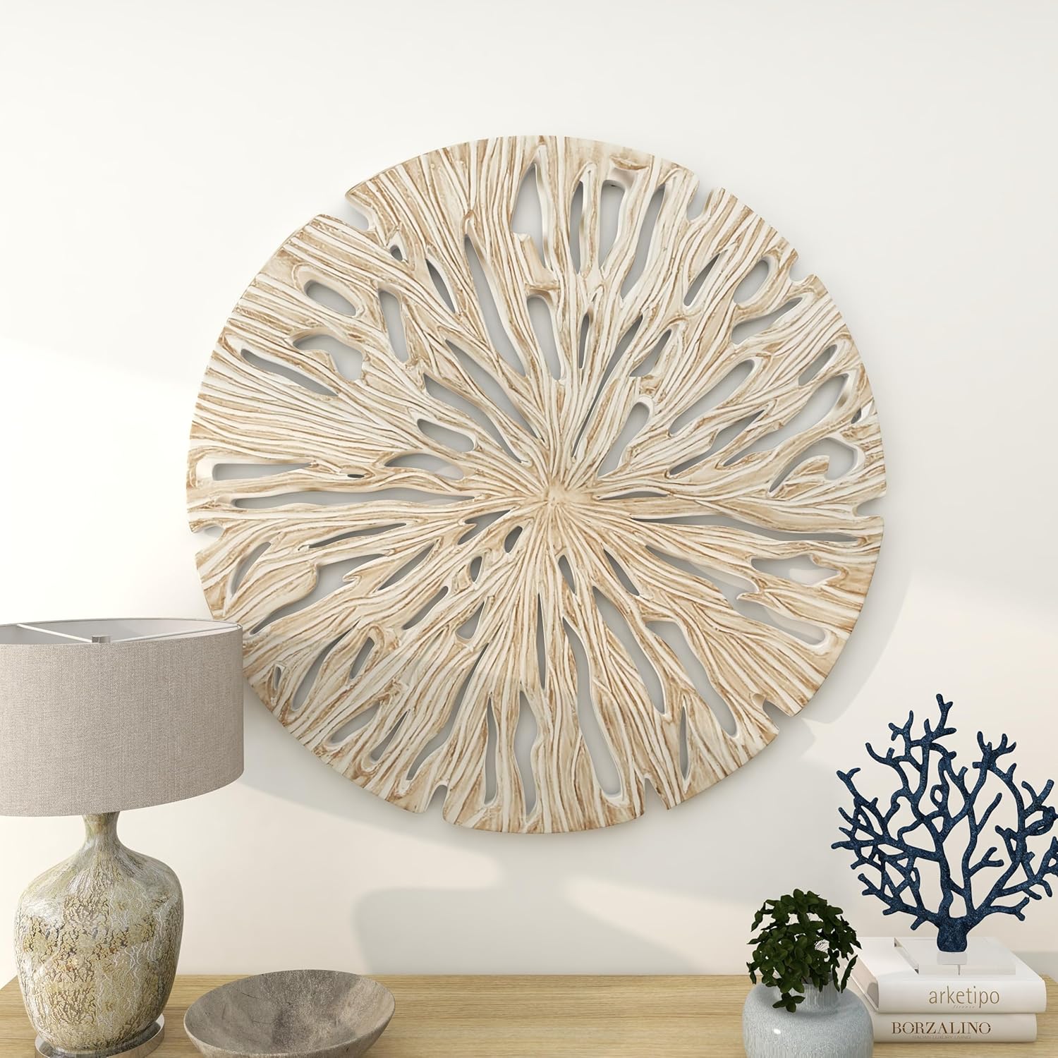 Deco 79 Wooden Starburst Handmade Home Wall Decor Intricately Carved Wall Sculpture, Wall Art 47 x 1 x 47, Beige