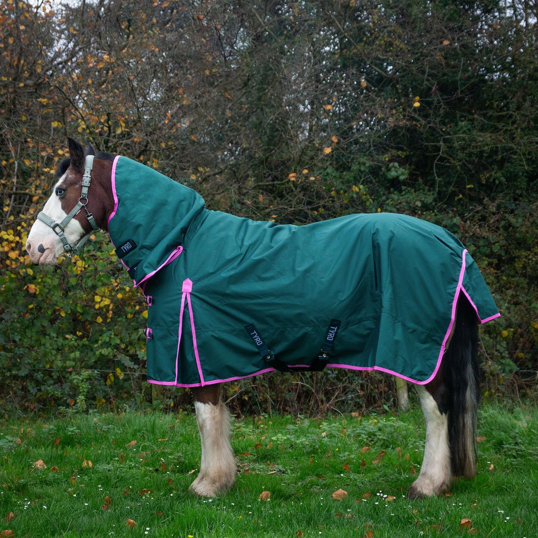 Tyro 50 Combo Lightweight Turnout Rug, 600D Ripstop Waterproof Horse Rug with Neck Cover, 50g Fill, Detachable Leg Straps, Tail Cover, Shoulder Pleat, Crossed Surcingles (Green, 6ft 9)