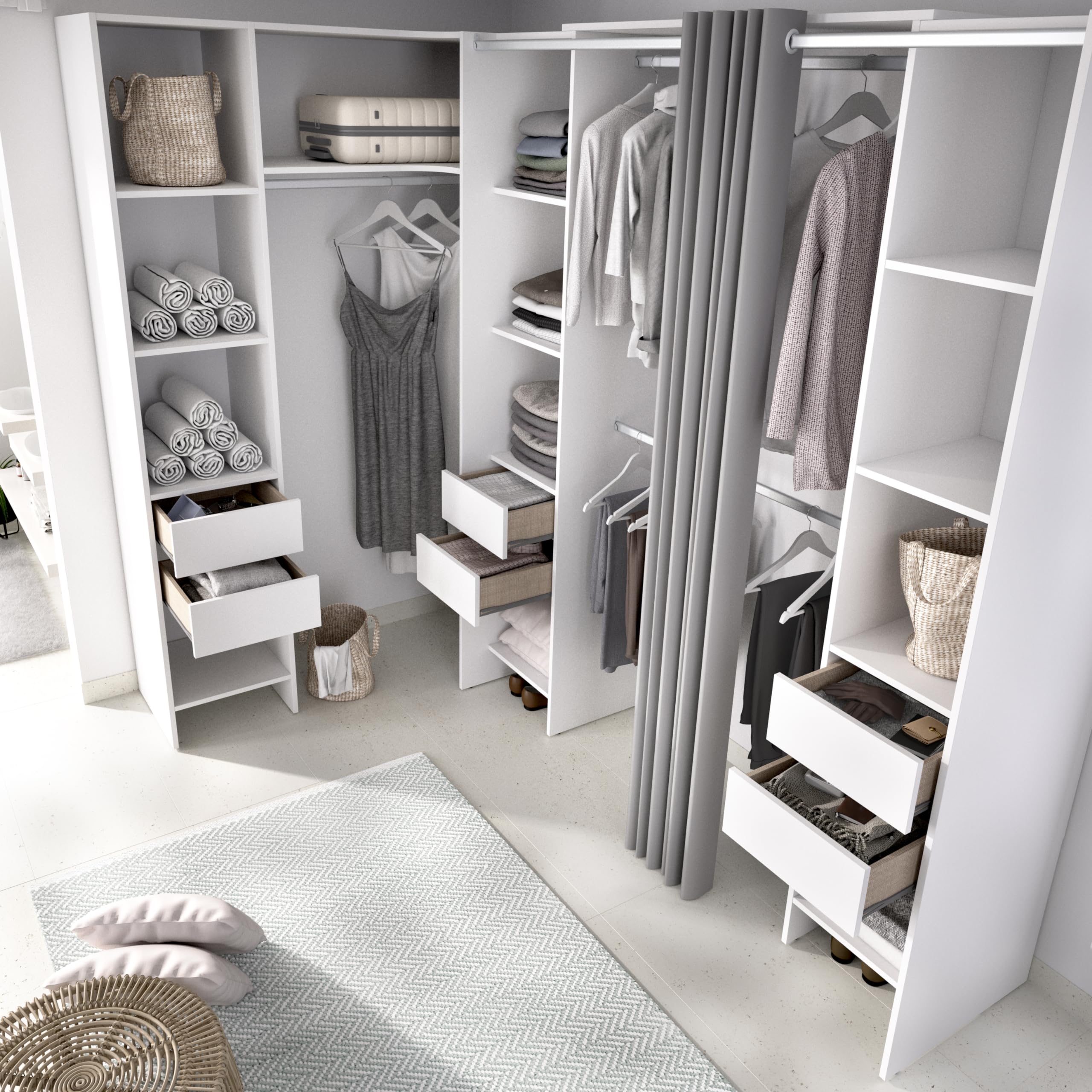 DEKIT GRUPO RIMOBEL SUIT - Conjunto de Vestidor rinconero con dos columnas, zona de barras y cortina - Blanco - 205 x 164-234 x 141 cm