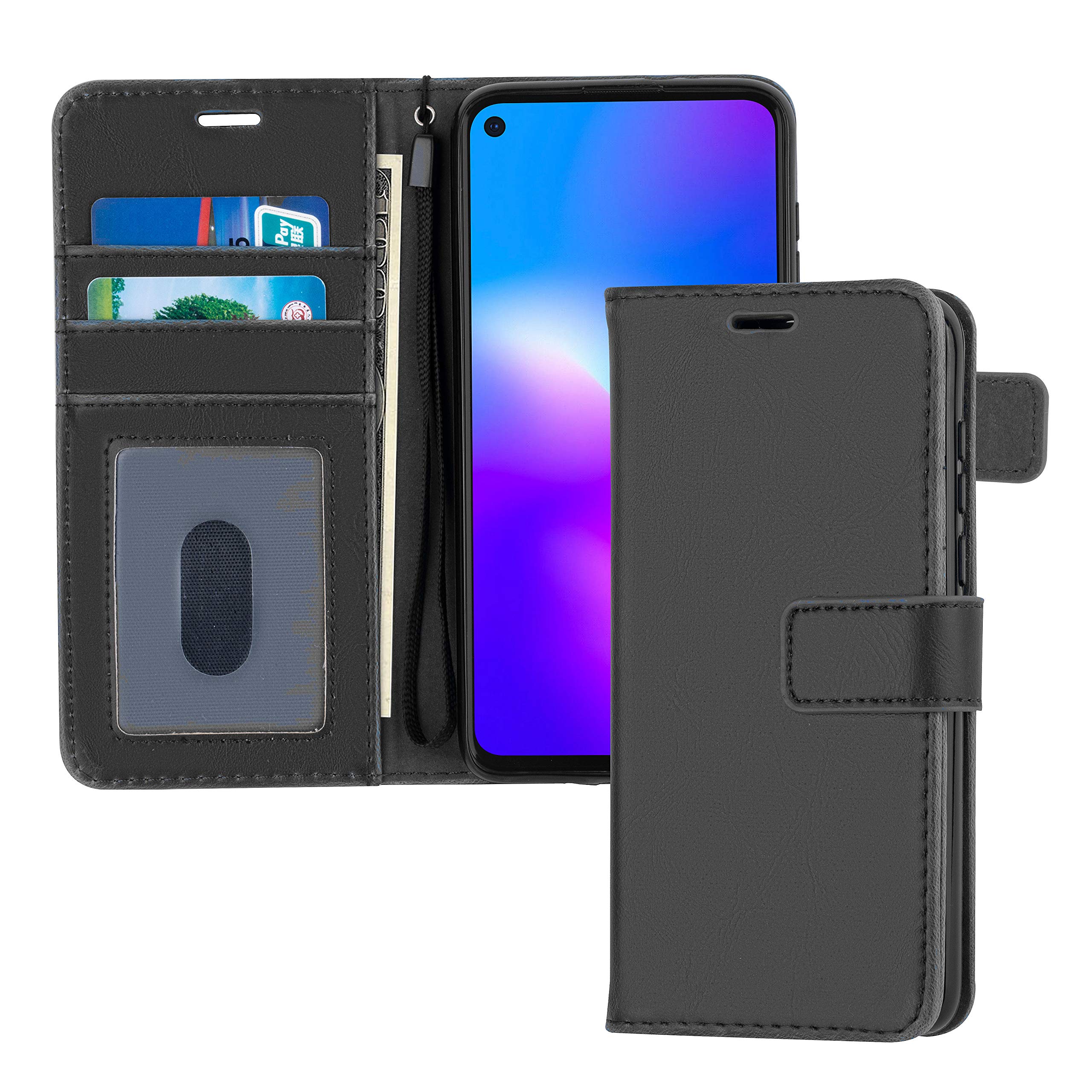 TECHGEAR Moto G8 Power Leather Wallet Case, Flip Protective Case Cover with Wallet Card Holder, Stand and Wrist Strap - Black PU Leather with Magnetic Closure Designed For Motorola Moto G8 Power