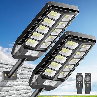 DEEPN Solar Street Lights Outdoor 2-Pack: 6500K IP66 Waterproof Motion Sensor Flood Lights w/Remote, Dusk to Dawn for Yard Garage Porch