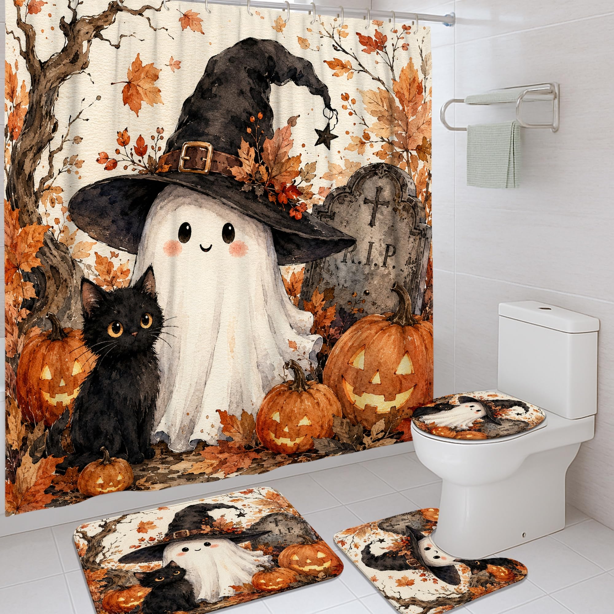 Rideau de douche imperméable Halloween anti-éclaboussures avec tapis assorti