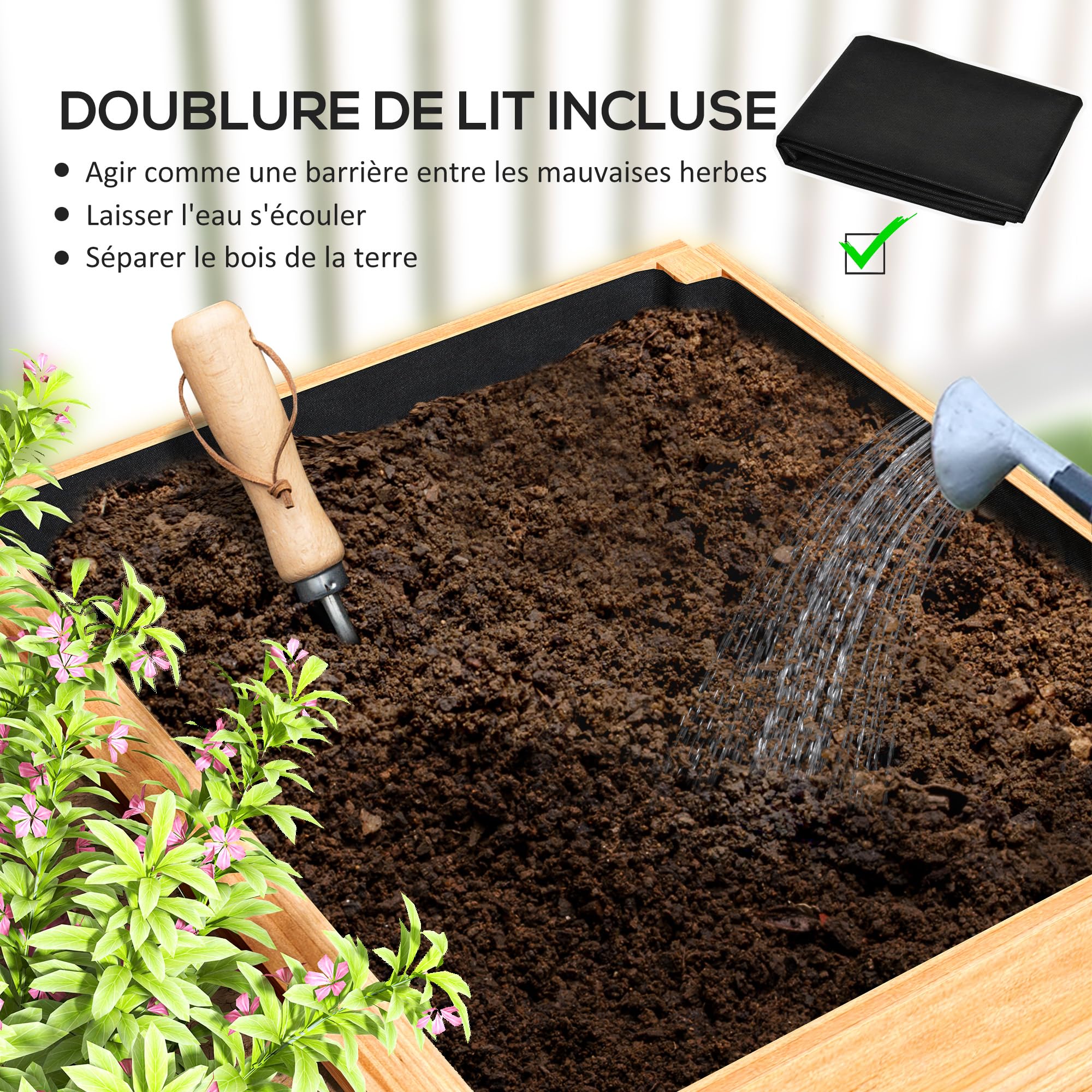 Outsunny Jardinière en Bois, carré Potager Exterieur Bois, 3 Compartiments de Plantation et Doublure Inclus, bac à Fleurs pour légumes Herbes Fleurs dans Jardin terrasse Patio, 140x60x40cm, Naturel