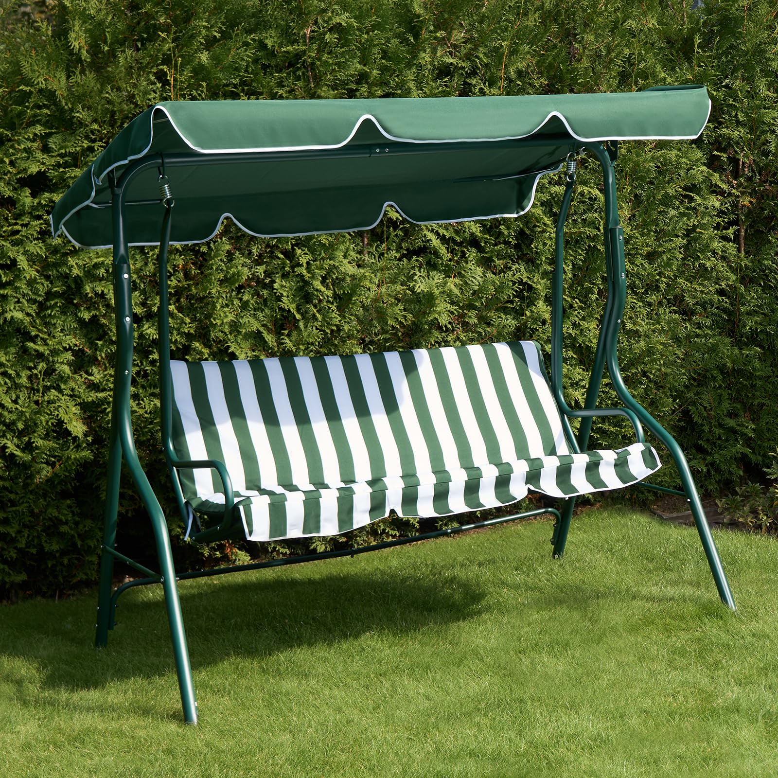OHS Garden Swing Seat Bench, 3 Seater Garden Swing Chair Relaxing Comfy Outdoor Hammock Bench with Adjustable Canopy Cushioned Seats, Green/White Stripe
