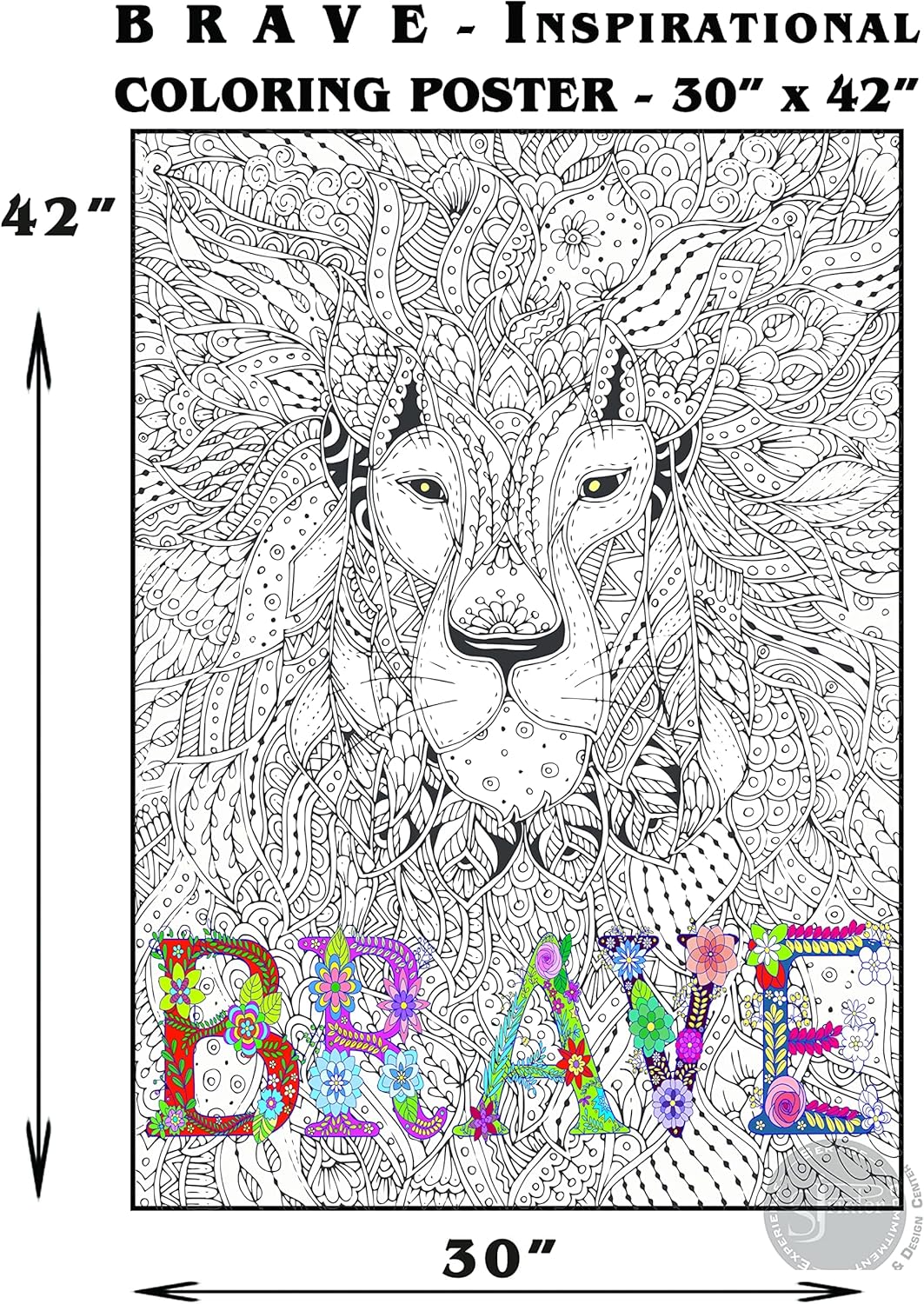 SJPRINTER Inspirational Wall Art, Motivational Giant Coloring Poster Mandala Kids Adults, Great for Girls Boys, Arts Crafts, Care Facilities, Schools, Family Time Groups (30" x 42", Brave Lion)