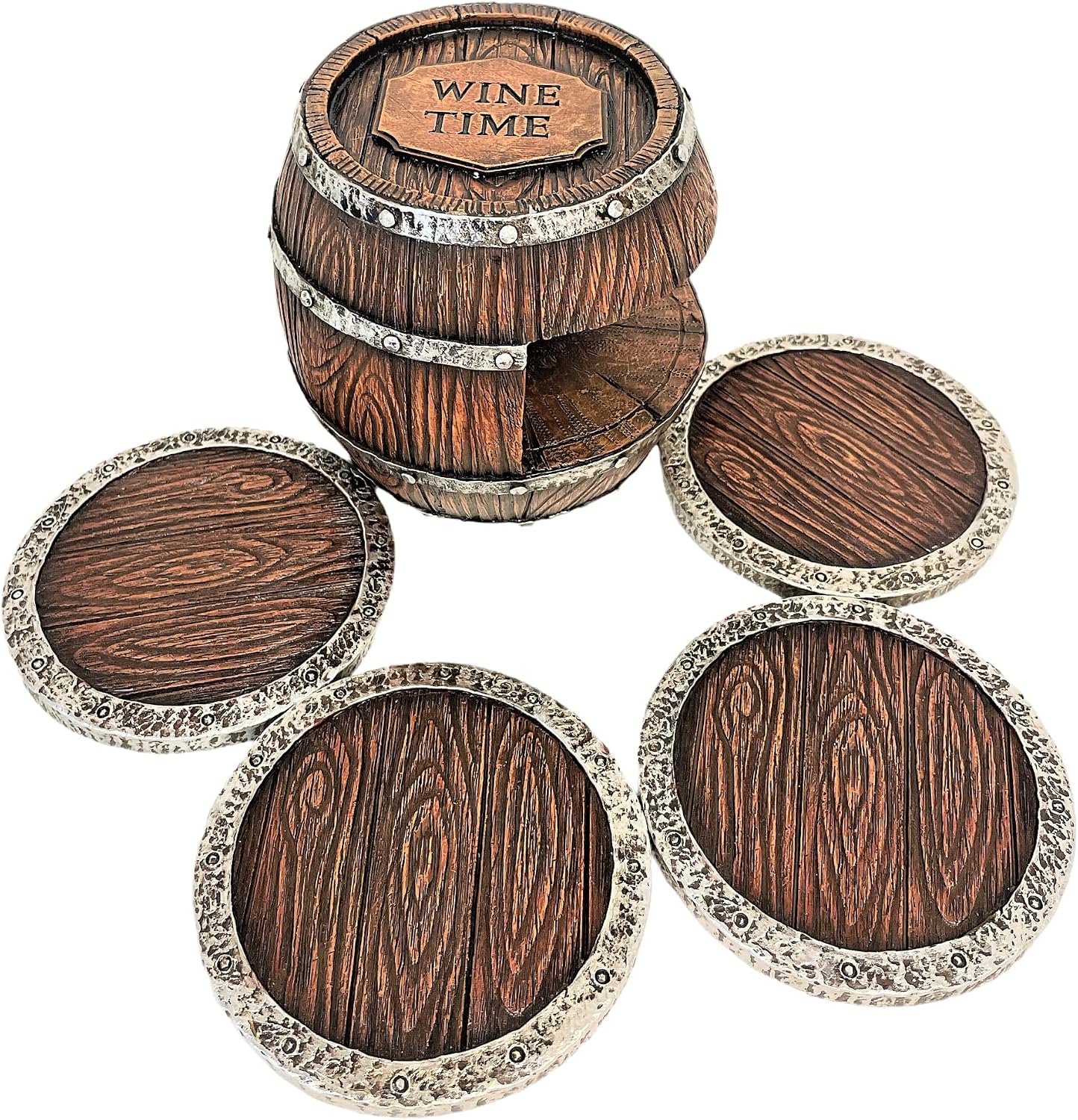 Rustic Western Barrel Coaster Set with Holder - 4 Round Resin Coasters | Durable drinkware protection mats for home bar, office, garage, or man cave, ideal country style gift for housewarming party