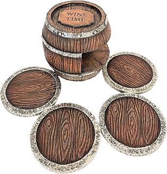 Rustic Western Barrel Coaster Set with Holder 4 Round Resin Barrel Design CoastersDrinkware Protection for Home, Bar, Office, Garage Bar, or Man Cave Ideal Gift for Western & Country Style Lovers