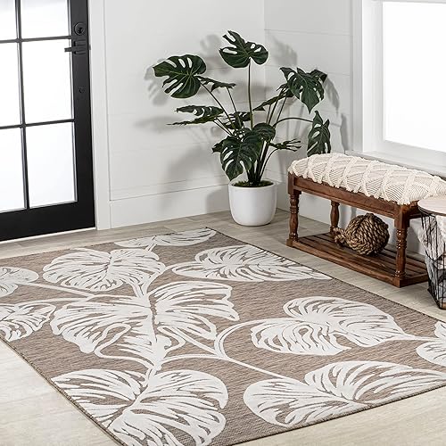 Miniatura 5 de Eyely CWH100B-3 HAWAII Tobago - Alfombra alta y baja de dos tonos con hoja de Monstera para interiores y exteriores, bohemia moderna, dormitorio,