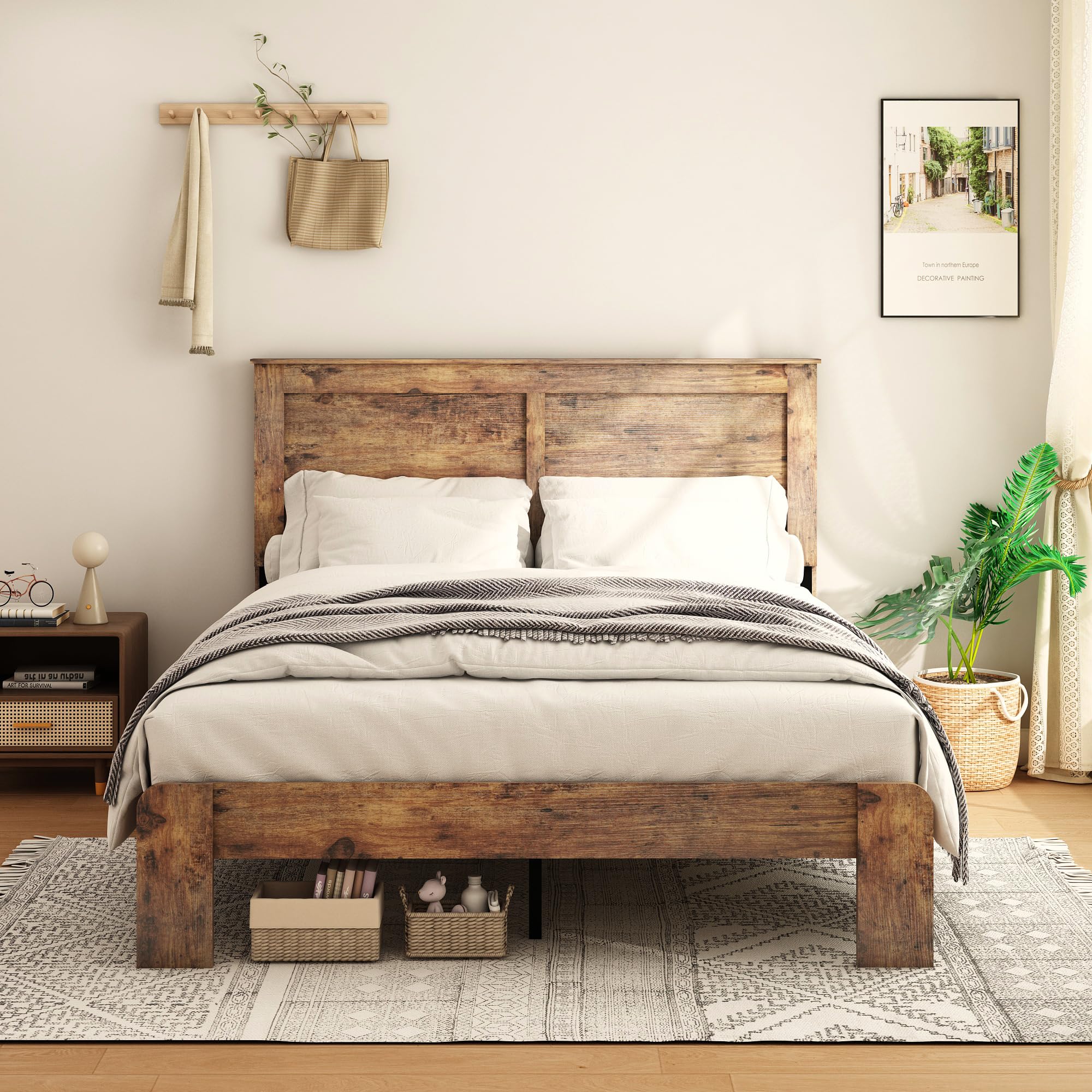 Modern King Size Bed Frame with Headboard Wood Platform Bed Frame Large Under Bed Storage No Box Spring