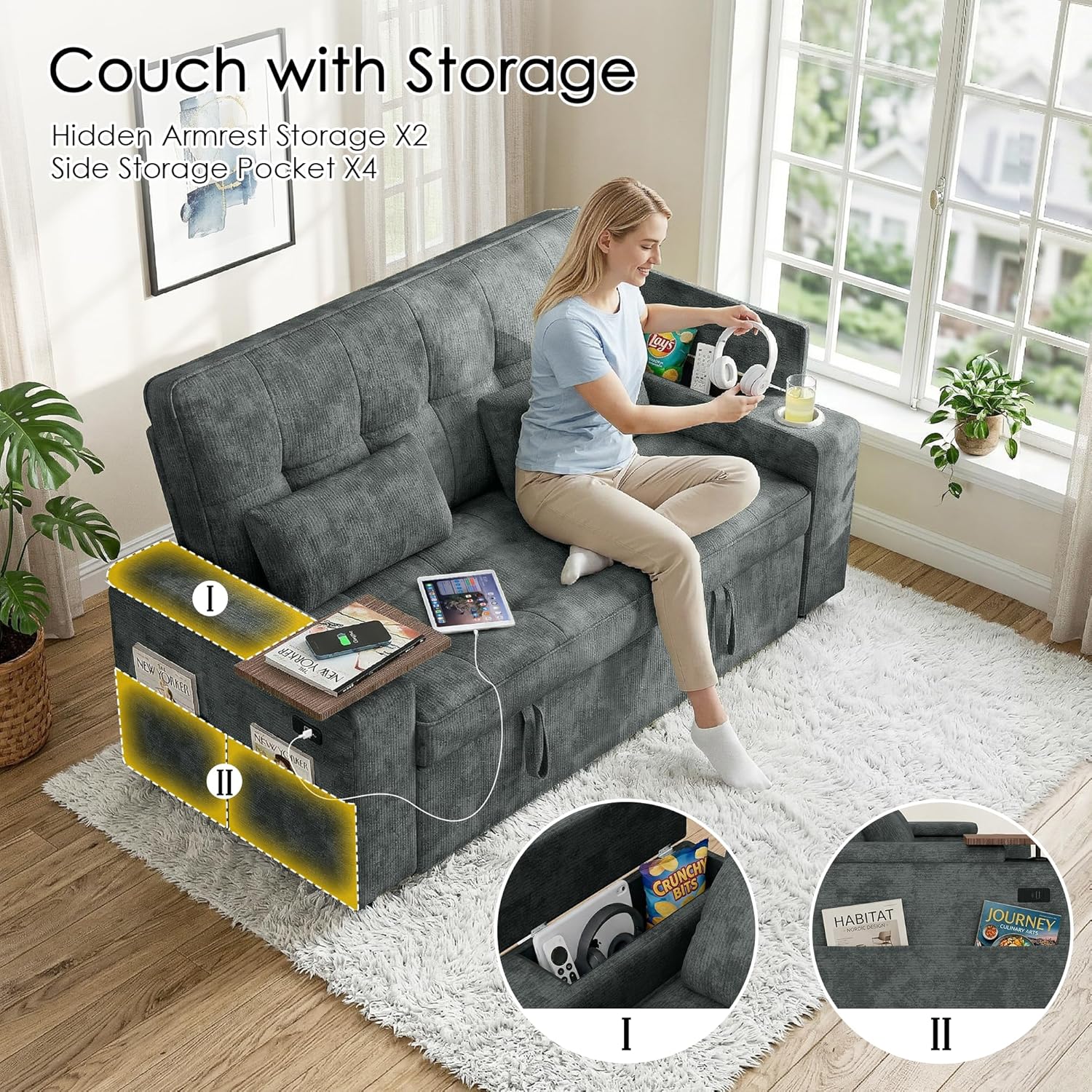 65in Sleeper Sofa Bed, 3 in 1 Pull Out Couch with Chenille Fabric Convertible Loveseat for LivingRoom and Apartment (Darkgrey) | Easy Assembly, Adjustable Backrest, Side Table, Built-in Charging, Cup Holder, Hidden Storage