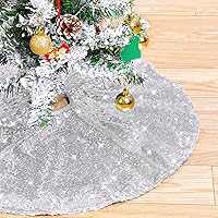 Vista 12 de Faldón para árbol de Navidad de 36 pulgadas, color blanco iridiscente, con lentejuelas, tapete pequeño para árbol de Navidad, decoración para fiesta