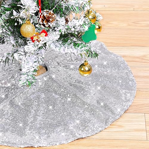 Faldón para árbol de Navidad de 48 pulgadas, redondo, con lentejuelas plateadas, decoraciones de Navidad.