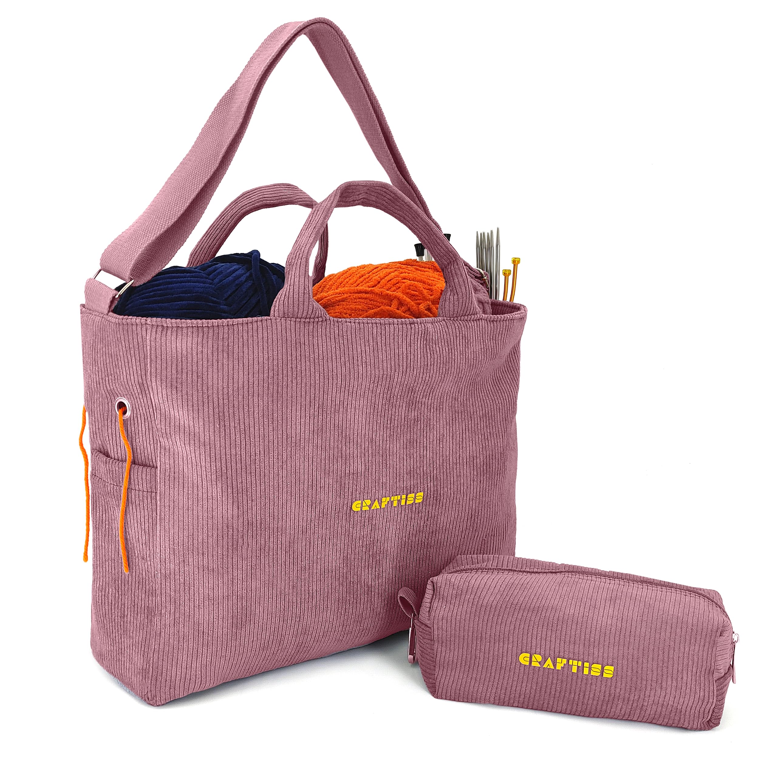 CRAFTISS Häkeltasche Garnaufbewahrung – Weihnachtsgeschenk – strapazierfähige Cordgarn-Tasche für Häkelzubehör – Organizer mit Strickzubehör-Etui