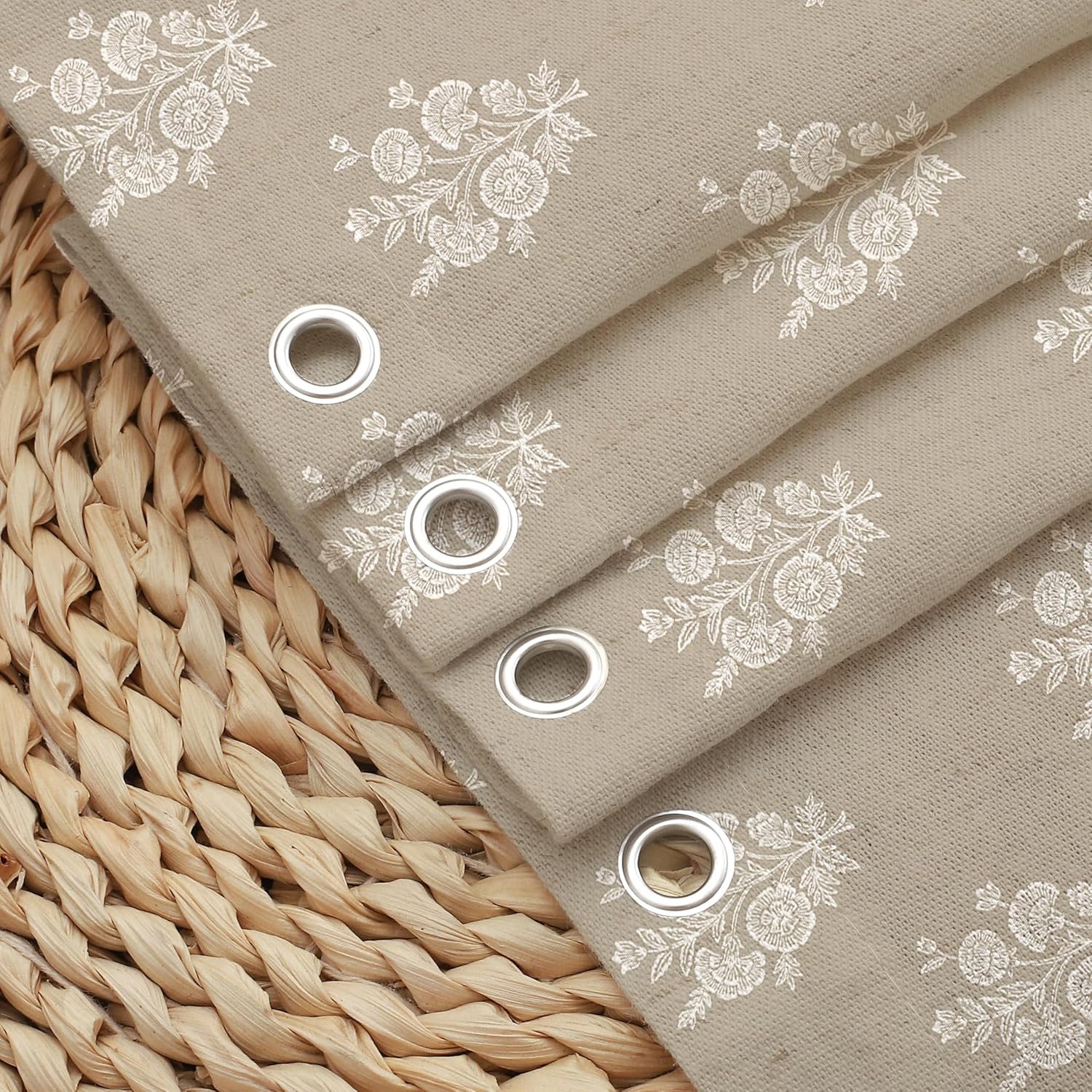 Beige Linen Textured Ruffle Shower Curtain - Vintage Floral Block Print,Boho Cottagecore Farmhouse French Country Bathroom Decor Set,72x72 Inches