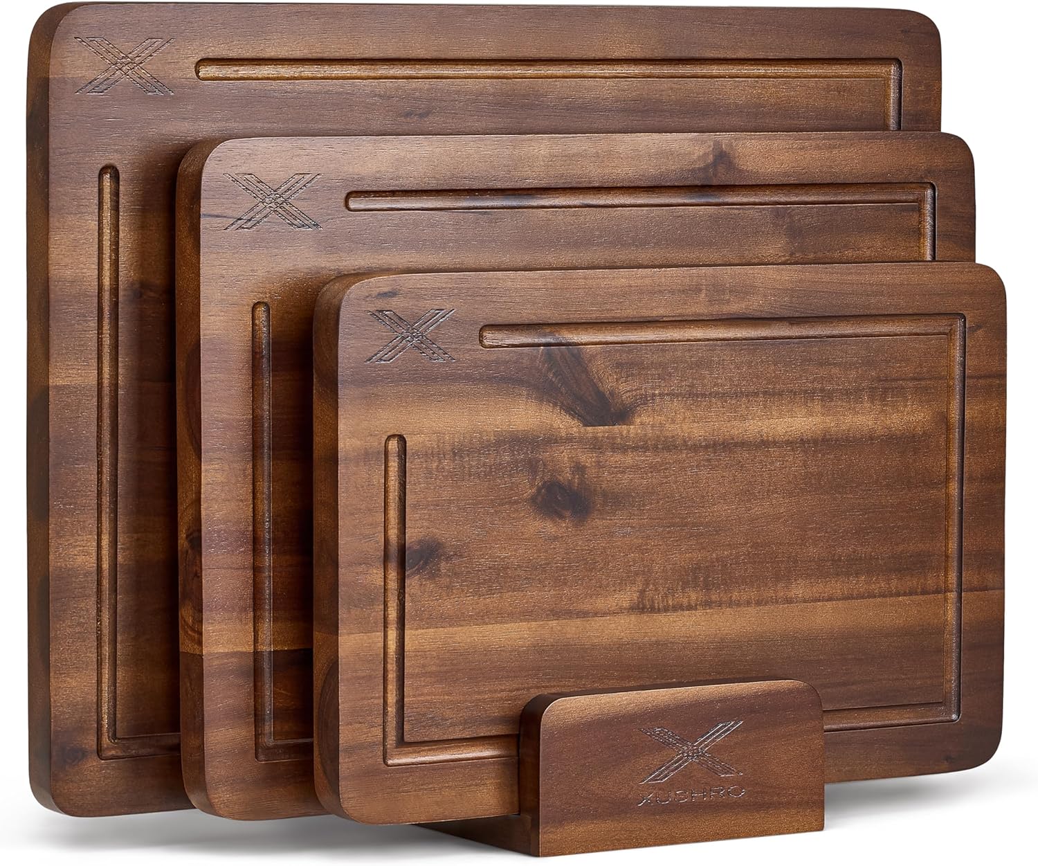 Acacia Wood Cutting Board Set of 3 with Stand - Thick Wooden Chopping Boards with Deep Juice Grooves - Non-Slip & Durable Wooden Boards for Meat & Vegetables (16x12, 14x10, 12x8) - Walnut