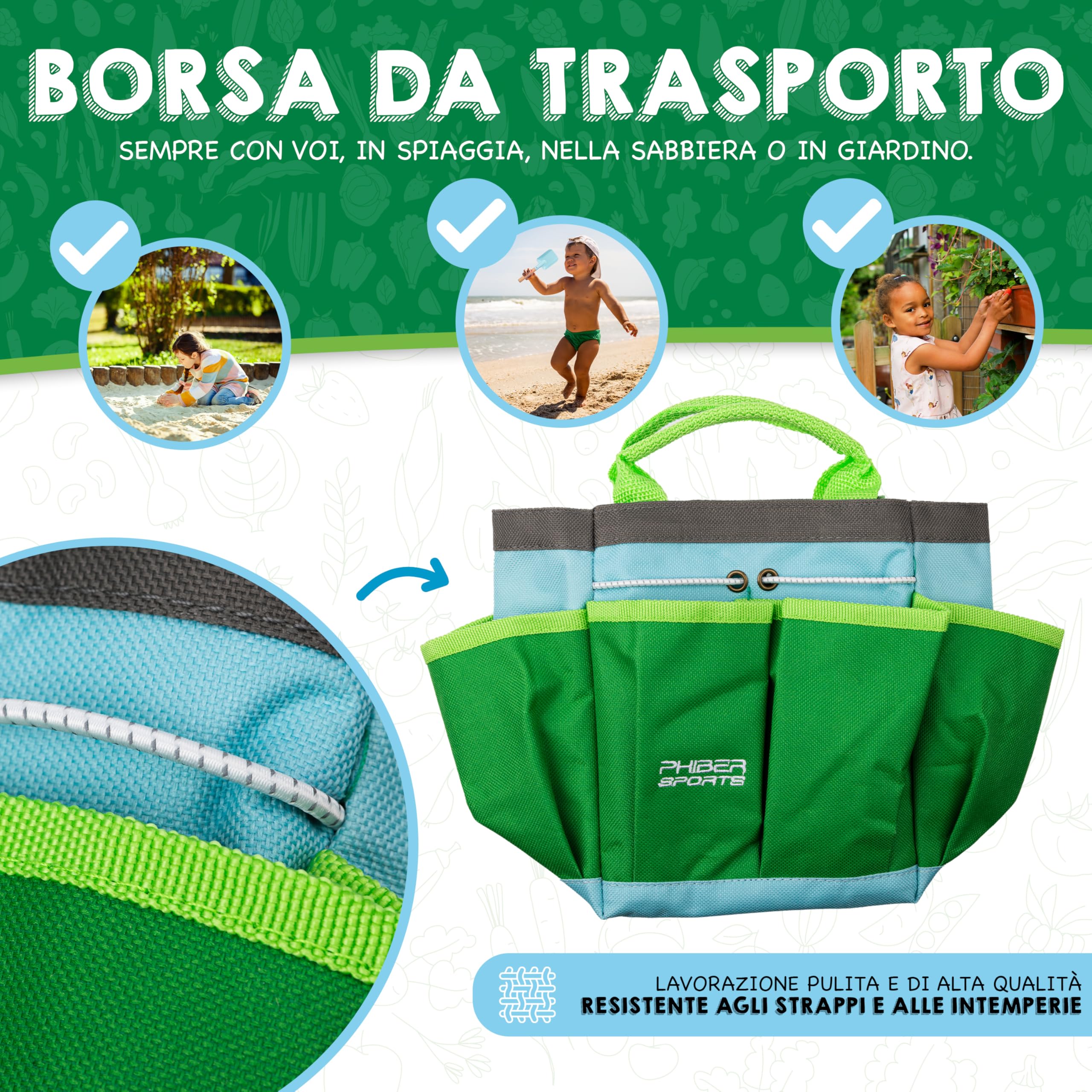 PHIBER-SPORTS Set di Attrezzi da Giardino per Bambini (11 Pezzi) - Attrezzi da Giardinaggio per Bambini dai 3 Anni in su - Strumenti in Metallo, annaffiatoio, Guanti da Giardinaggio, Borsa