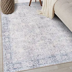Rugshop Ocean/Blue Transitional Vintage Bordered Area Rug — Machine Washable, 3'3"x5 for Living Room, Bedroom and Home Office