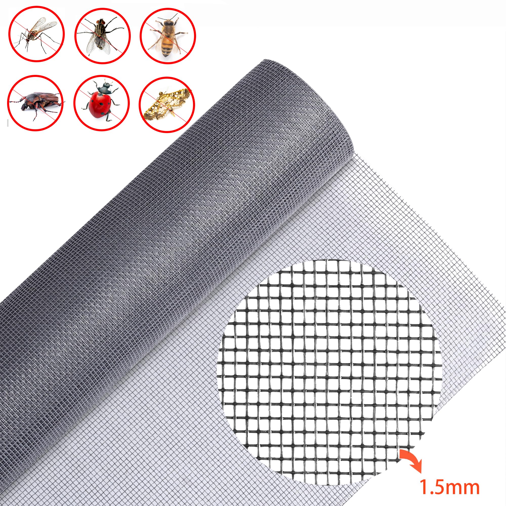 HCSSZ Zanzariera Finestra 120x250cm,Rete Zanzariera Porta Finestra,Fibra di Vetro Telo Ricambio Zanzariera,per Prevenire Zanzare Mosche Insetti (Grigio)