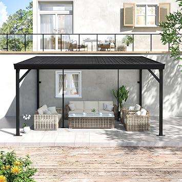 MUPATER 10x 14 Wall-Mounted Gazebo, Outdoor Pergola Gazebo with Gutter, Lean to Gazebo with Adjustable Support Posts, Heavy Duty Awnings for Patio, Deck, Porch and Backyard