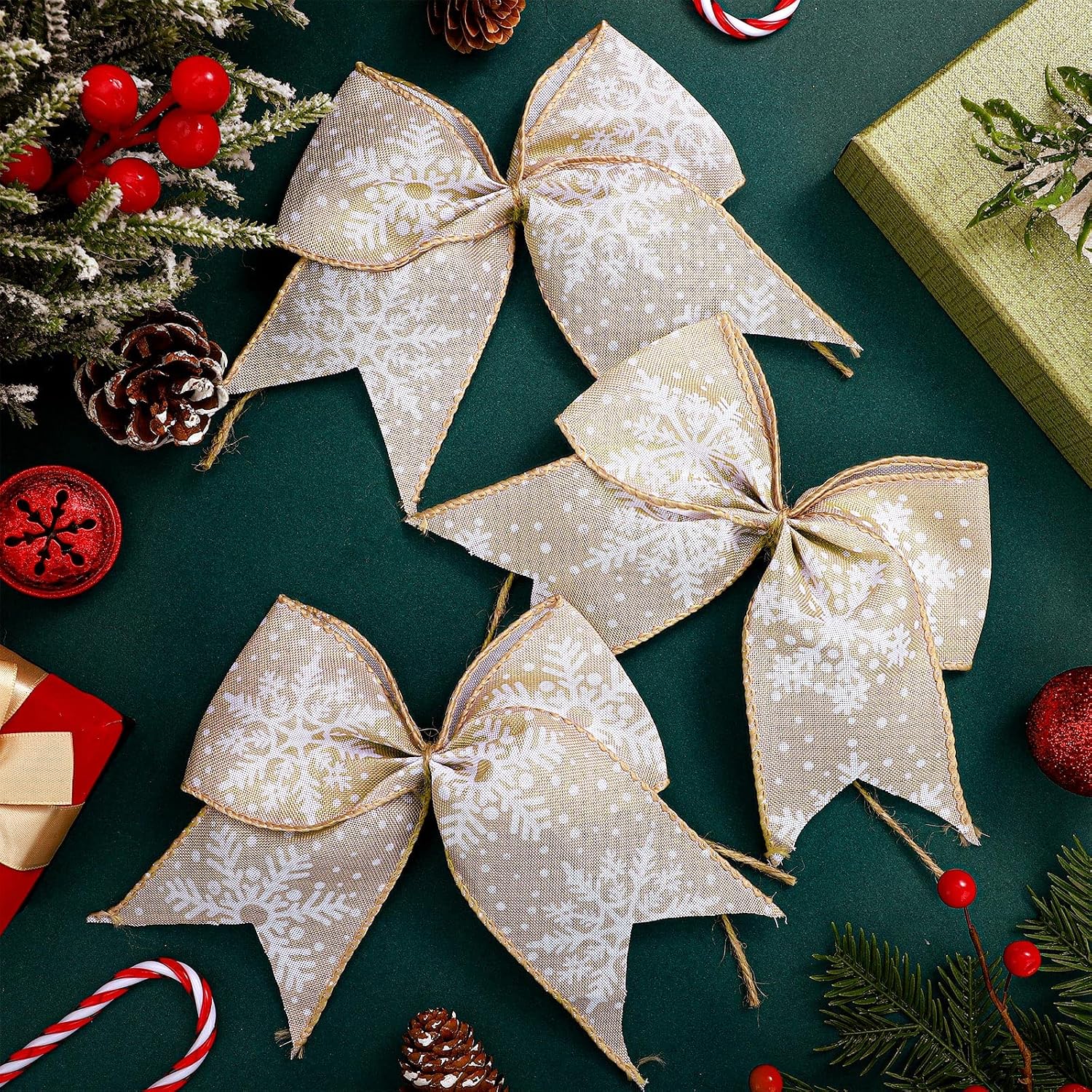 Panelee 12 Pieces Burlap Bow Christmas Wreath Bow 6 x 6 Inch Burlap Bow Knot Snowflake Burlap Bow Christmas Tree Ornaments Craft Bows for Rustic Farmhouse Xmas Birthday Party (Yellow, Snowflake)