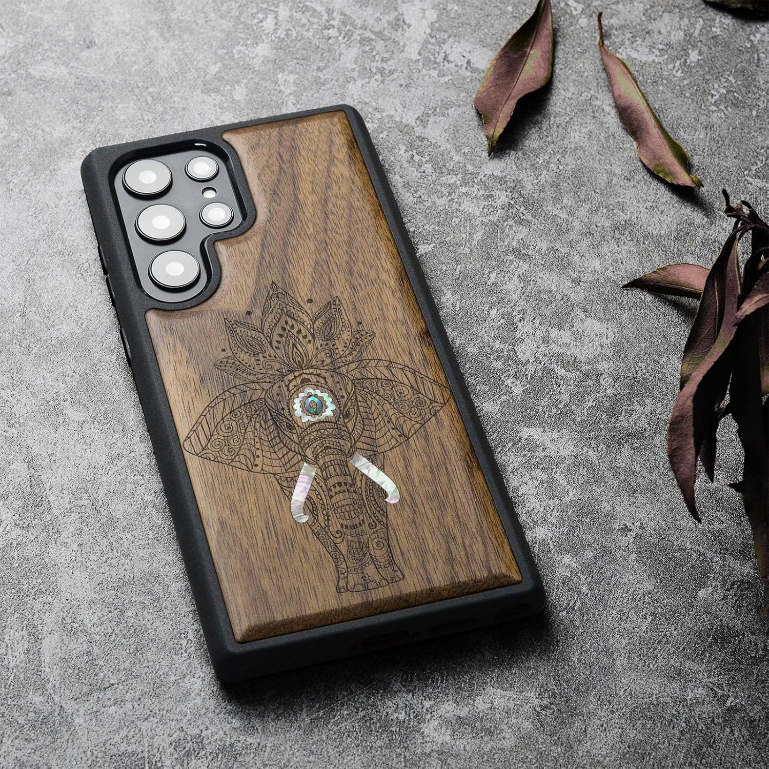 Carveit Designer Wooden Cover for Samsung Galaxy S22 Ultra Case [Wood Engraving & Shell Inlay] Unique Wood Phone Case Compatible with Wireless Chargers Galaxy S22 Ultra (Elephant-Walnut)