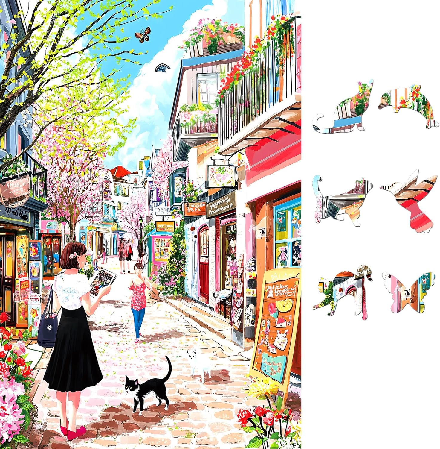 500 Pieces Cherry Blossom Puzzle, Pink Street Jigsaw Puzzle for Adults, Colorful Spring Scene Art Puzzle for Perfect Family Challenge Game Nights